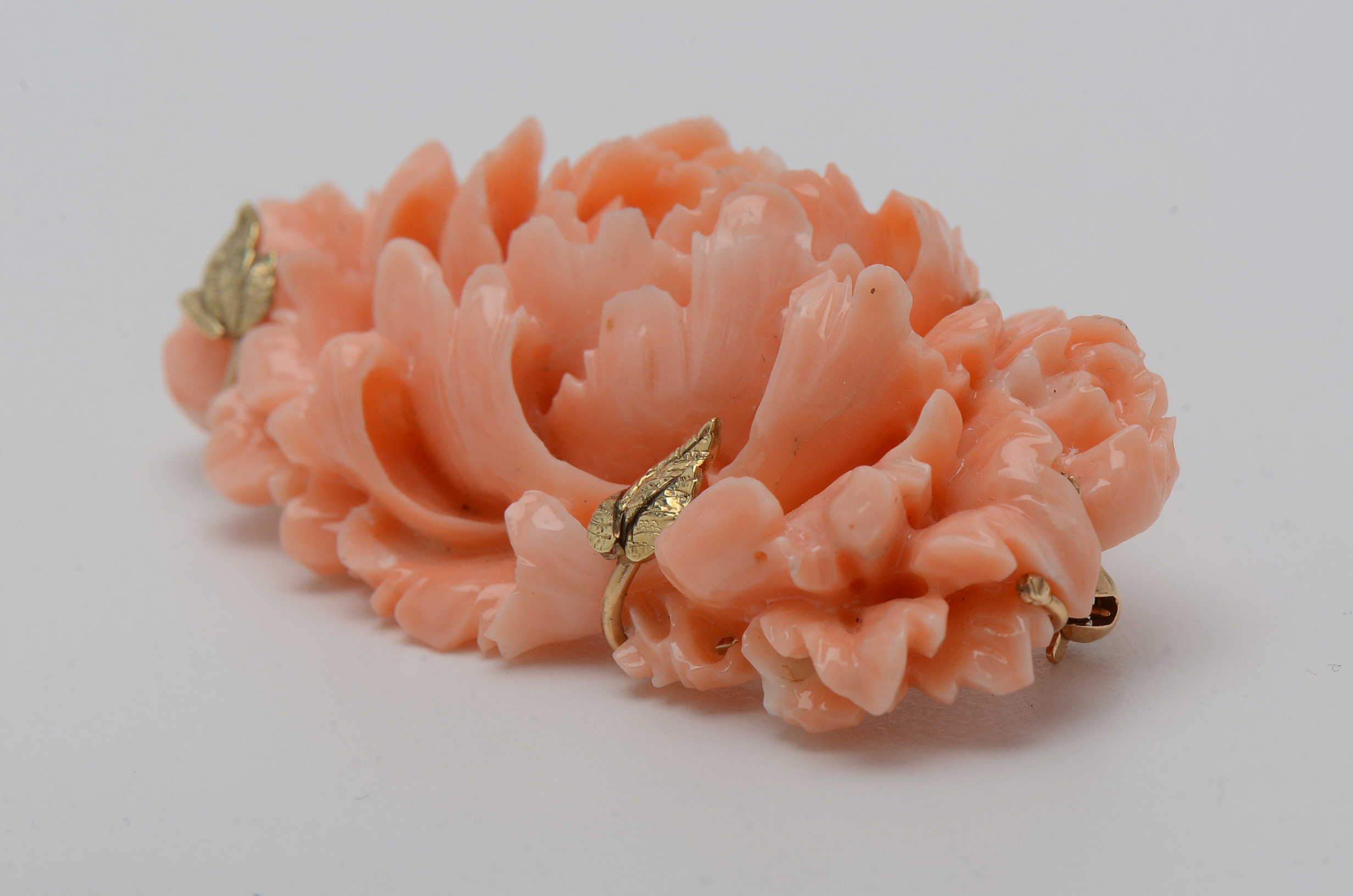 14K Yellow Gold Rose Carved Coral Brooch and Screw Back Drop Earrings