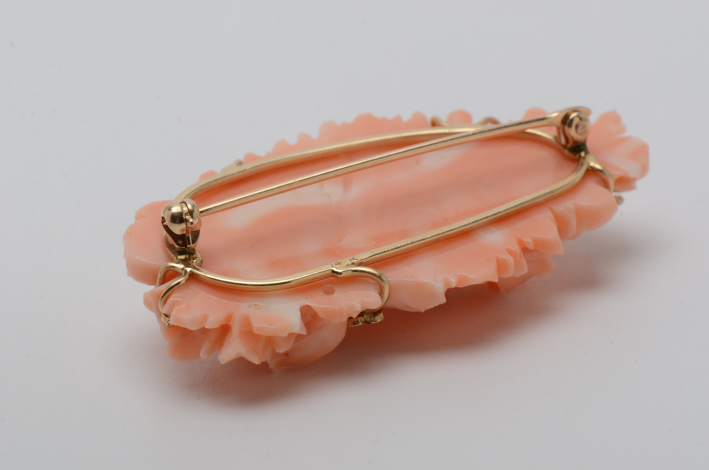 14K Yellow Gold Rose Carved Coral Brooch and Screw Back Drop Earrings