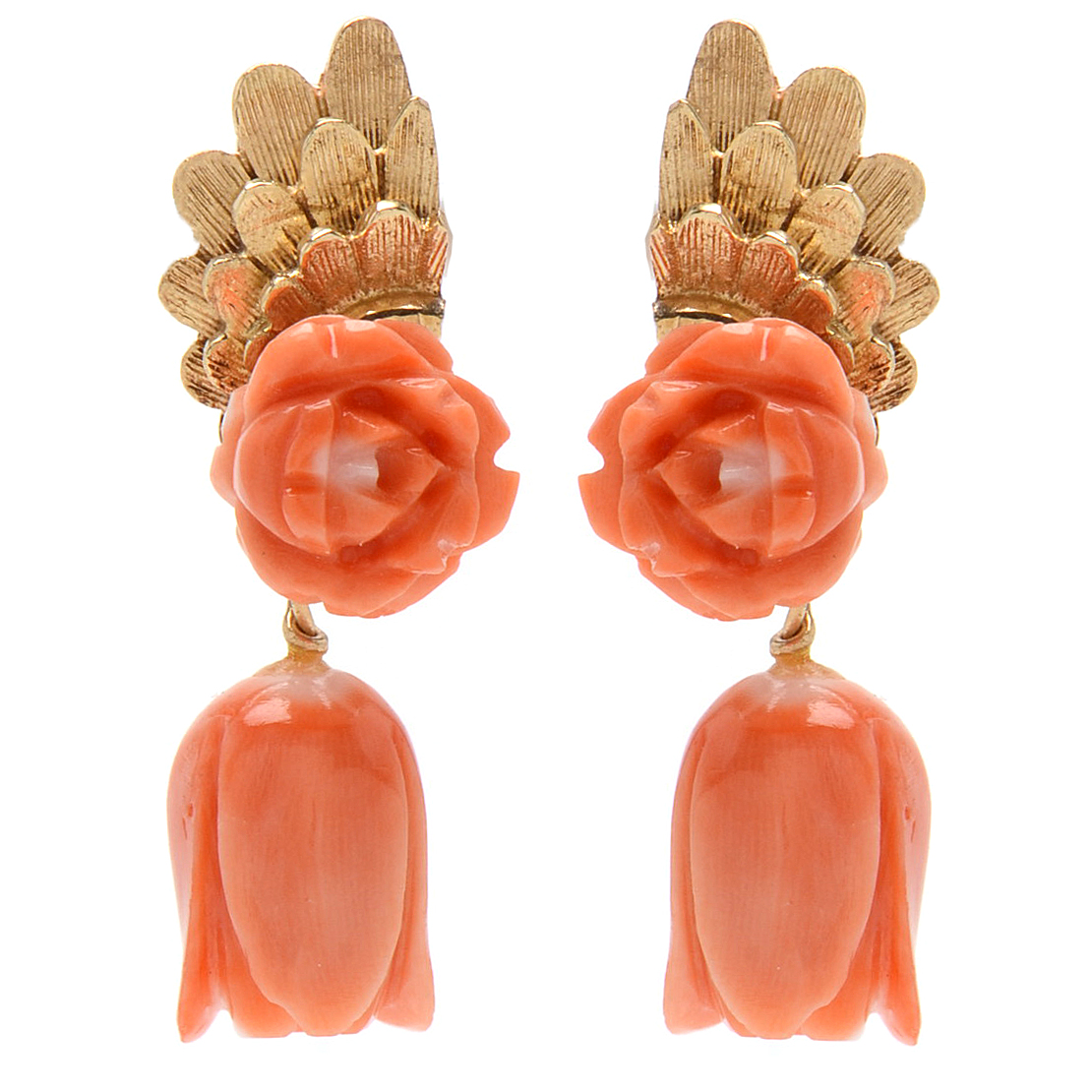 14K Yellow Gold Rose Carved Coral Brooch and Screw Back Drop Earrings