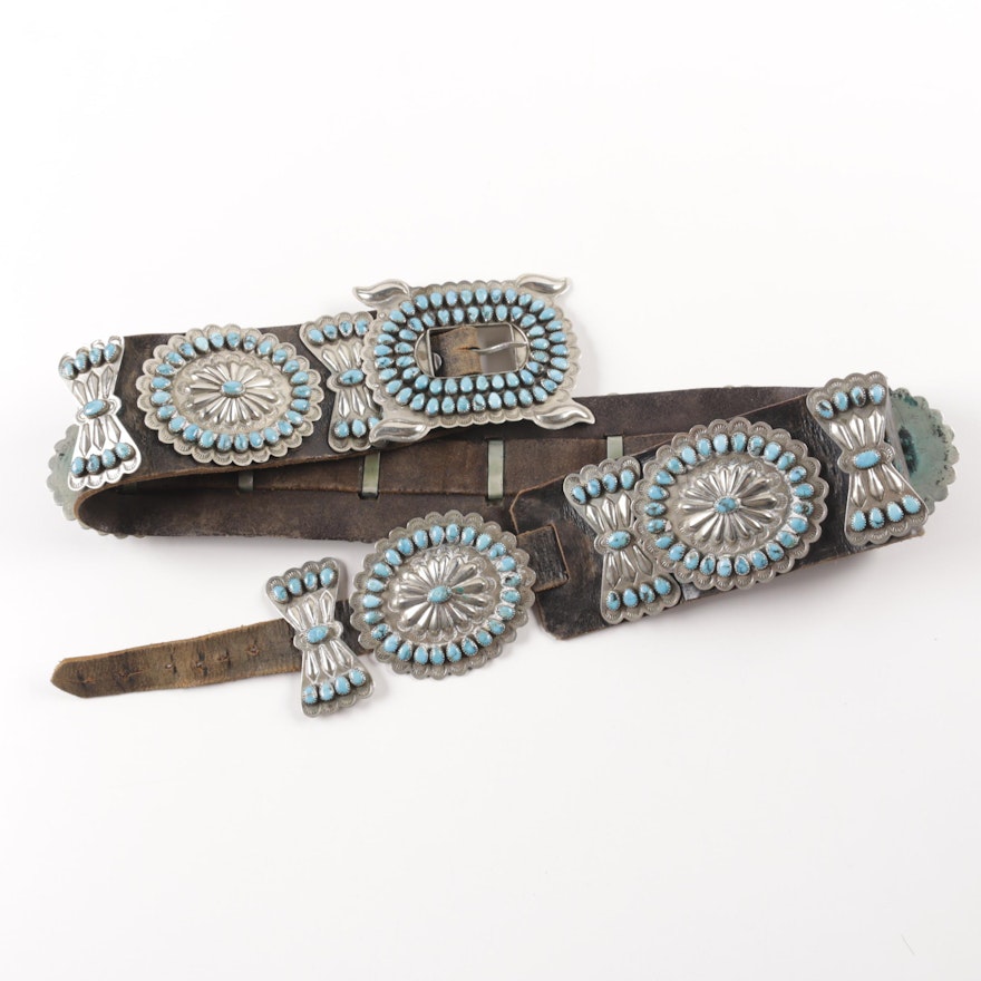 Southwestern Style Silver Plate, Turquoise and Leather Belt