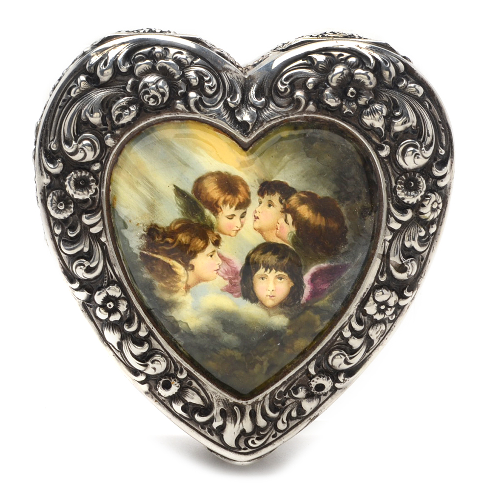 Antique Mauser Sterling Silver Hand-Painted Enamel Hinged Heart-Shaped Box