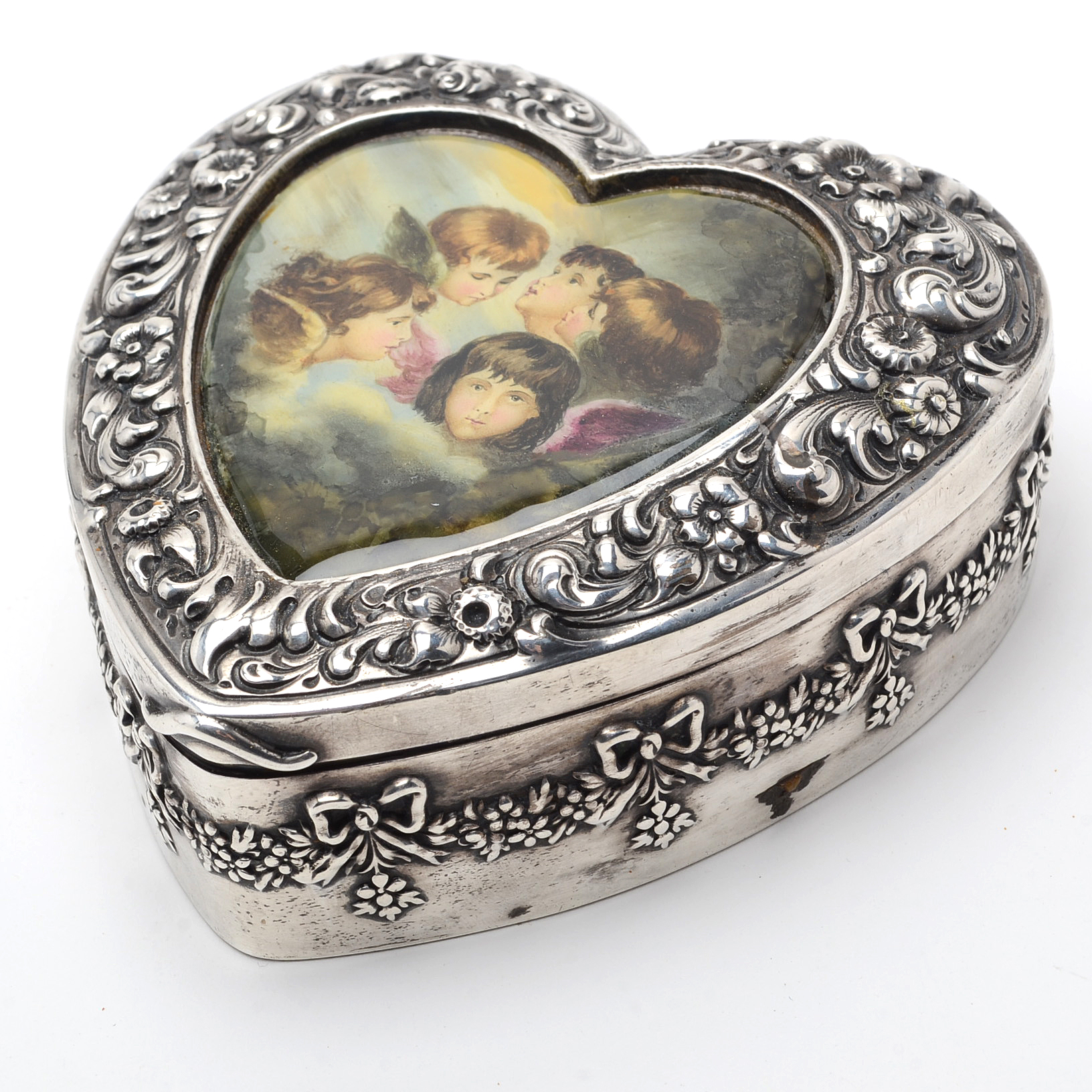 Antique Mauser Sterling Silver Hand-Painted Enamel Hinged Heart-Shaped Box