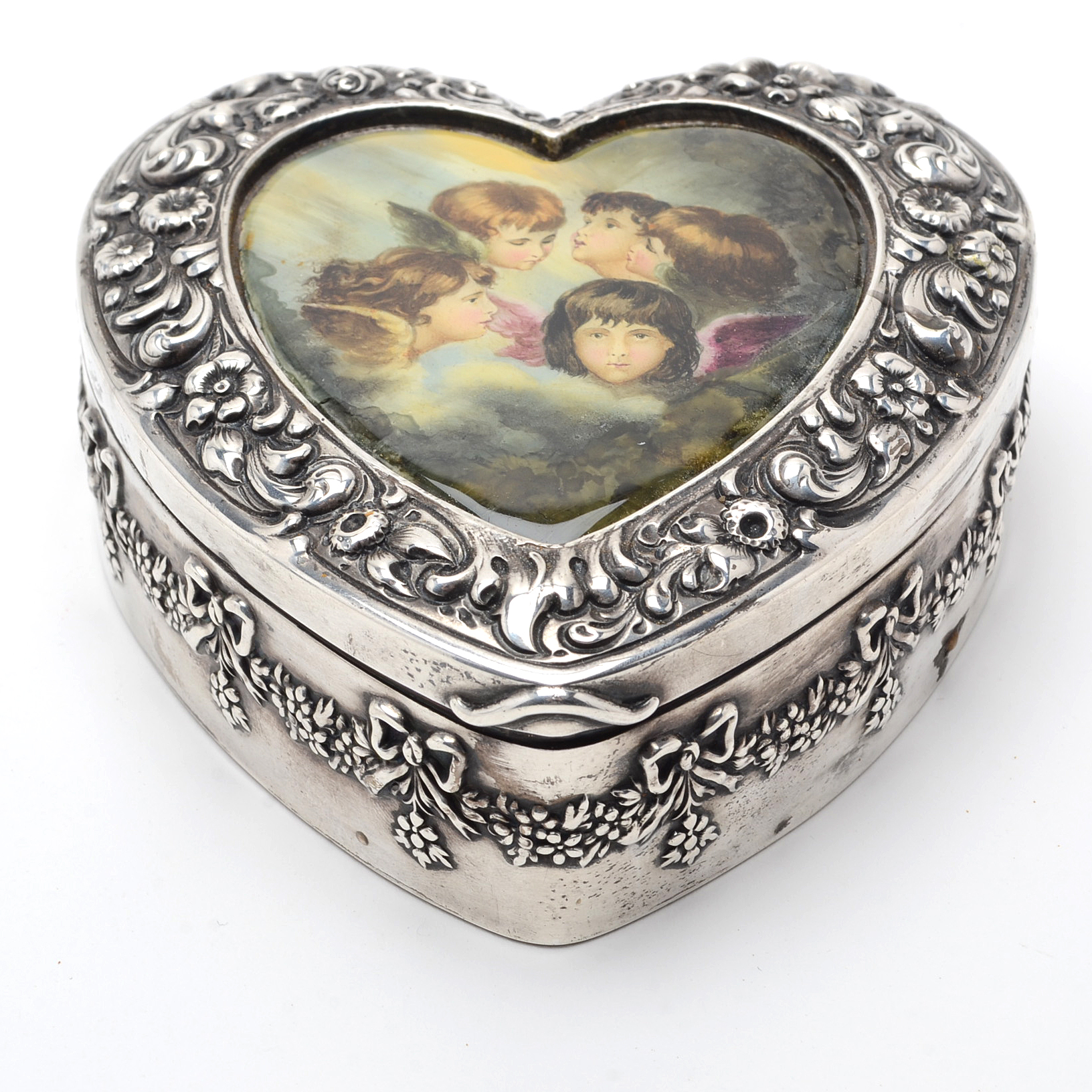 Antique Mauser Sterling Silver Hand-Painted Enamel Hinged Heart-Shaped Box