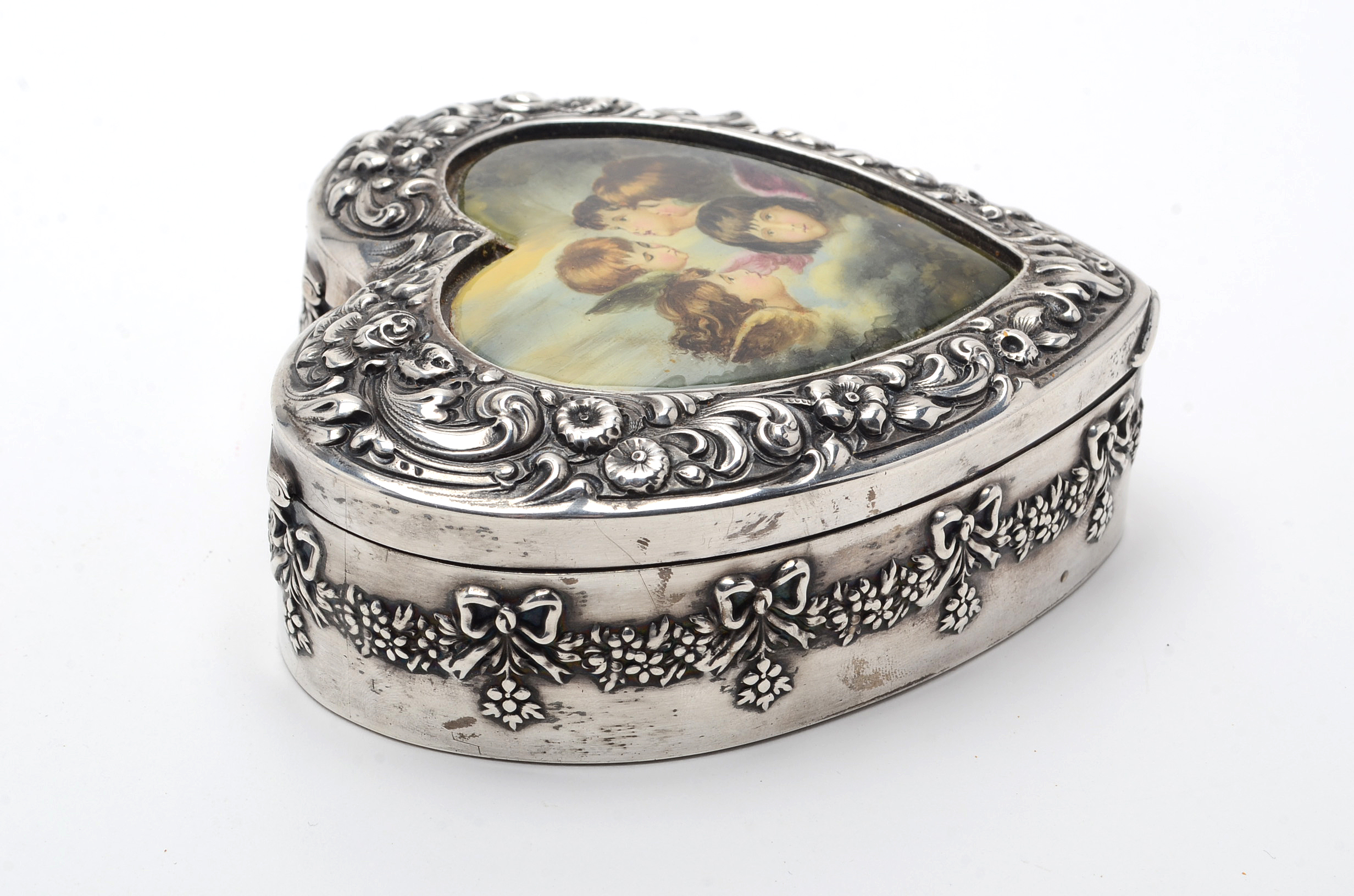 Antique Mauser Sterling Silver Hand-Painted Enamel Hinged Heart-Shaped Box