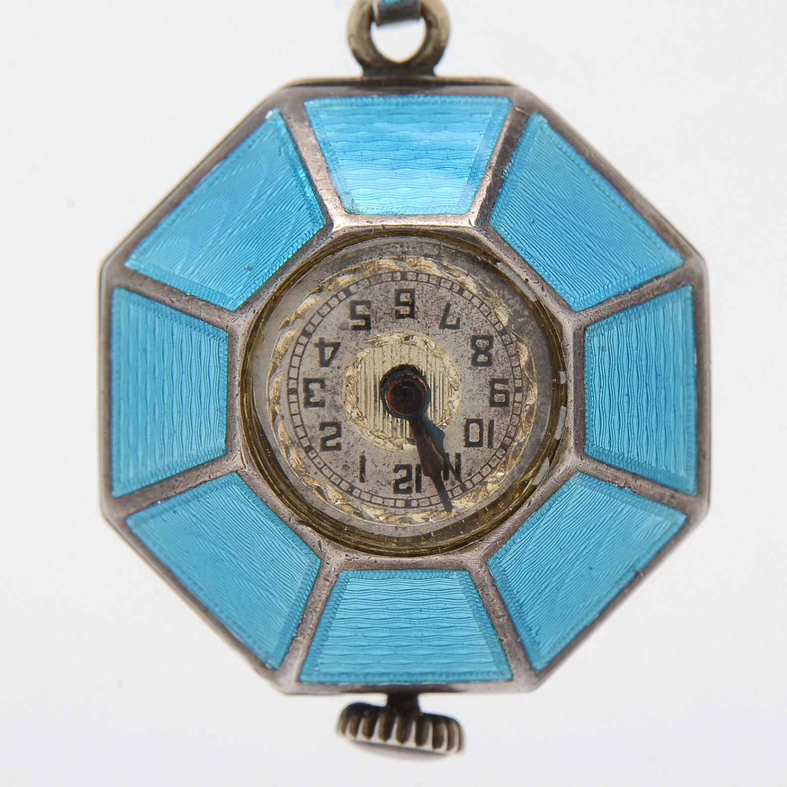 Early 20th Century Goering Swiss Sterling Silver Guilloche Enamel Pin Watch