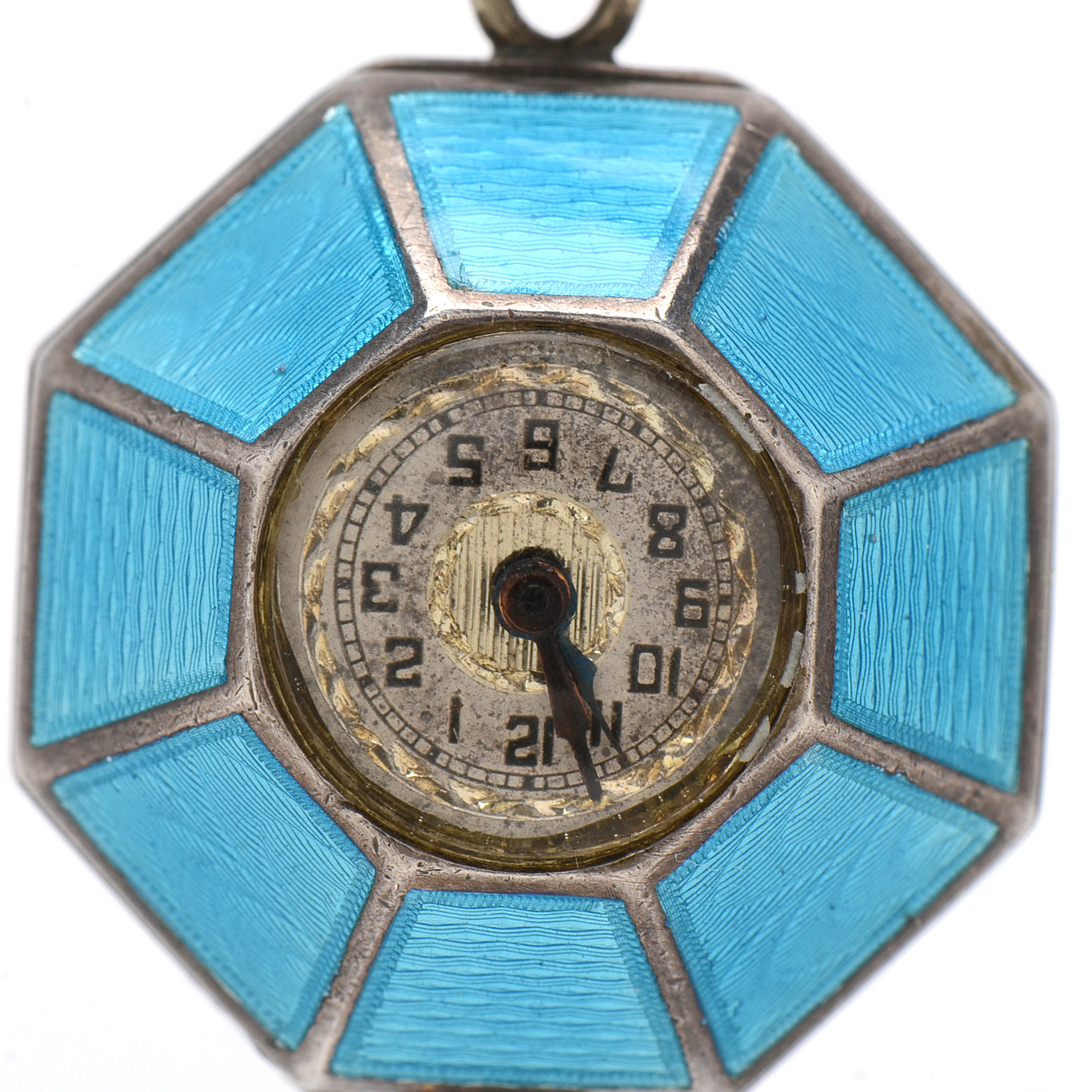 Early 20th Century Goering Swiss Sterling Silver Guilloche Enamel Pin Watch