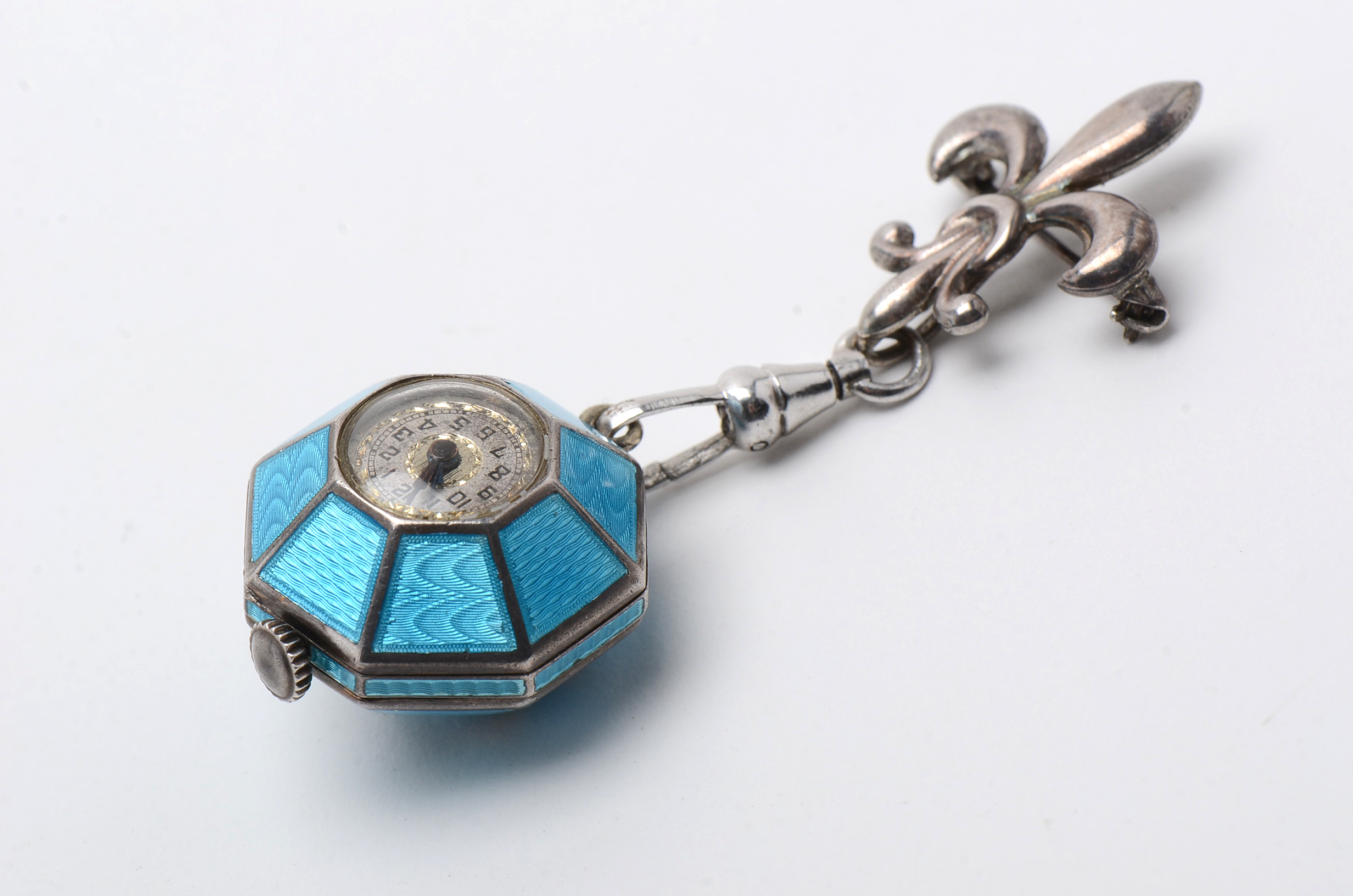 Early 20th Century Goering Swiss Sterling Silver Guilloche Enamel Pin Watch