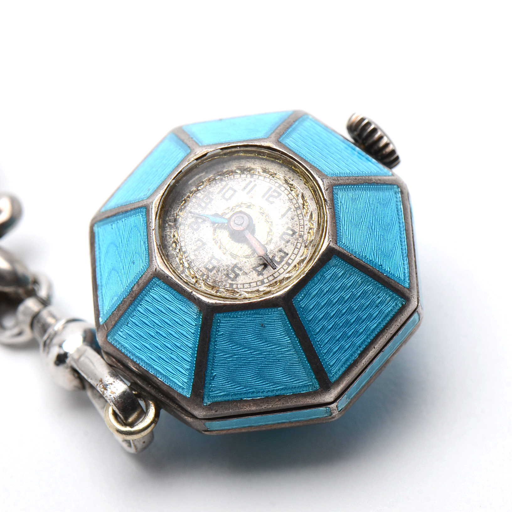 Early 20th Century Goering Swiss Sterling Silver Guilloche Enamel Pin Watch