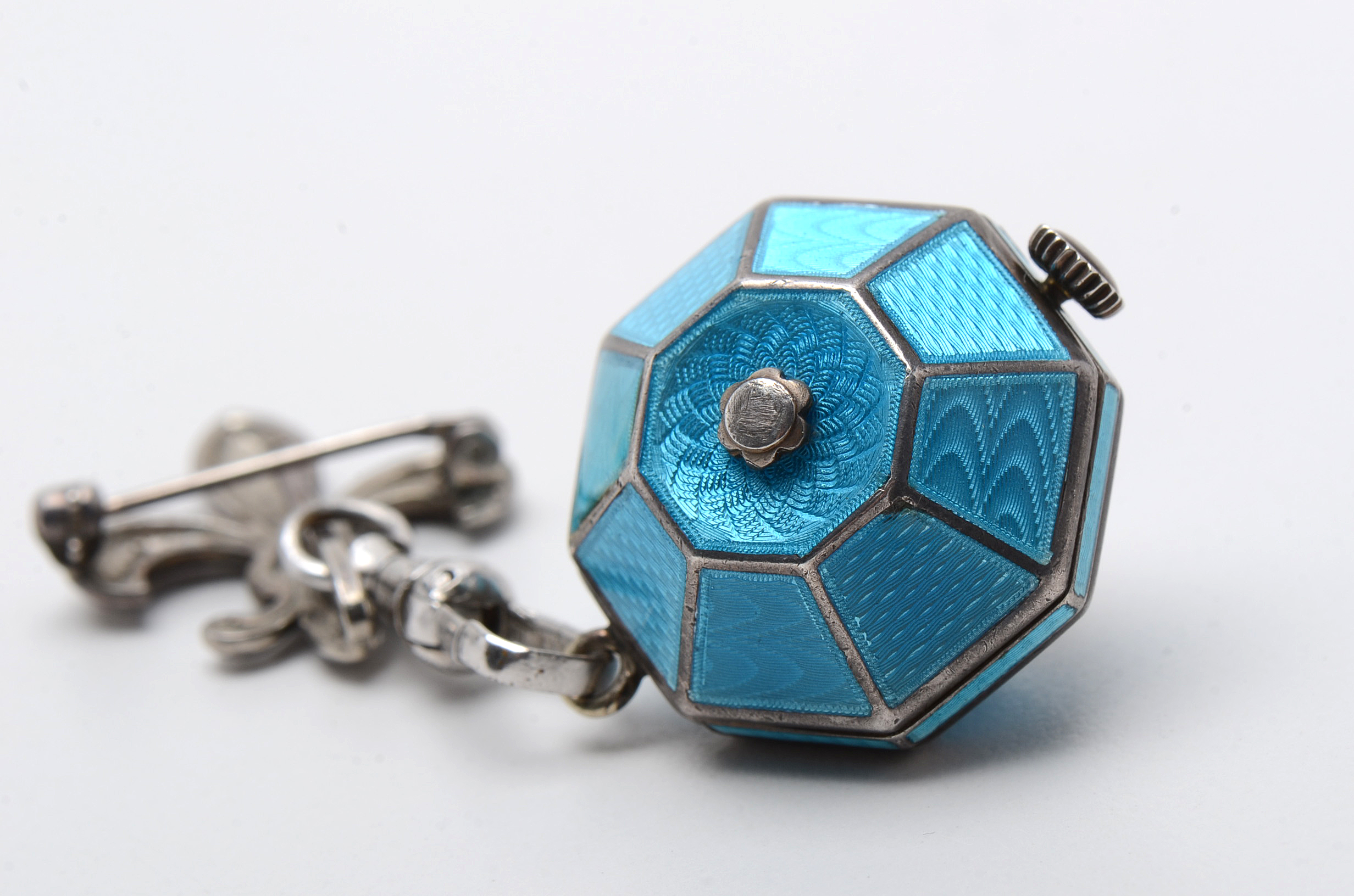 Early 20th Century Goering Swiss Sterling Silver Guilloche Enamel Pin Watch