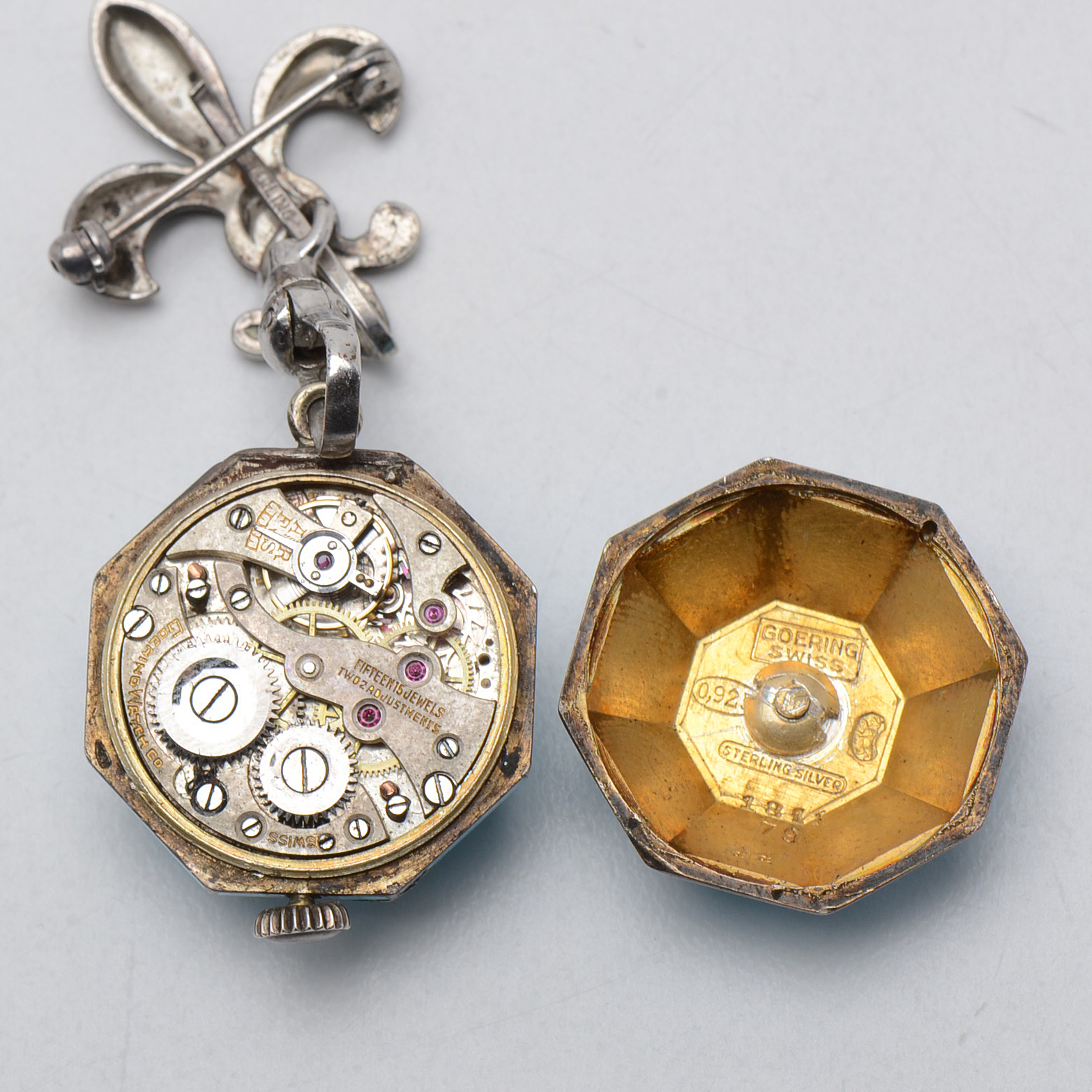 Early 20th Century Goering Swiss Sterling Silver Guilloche Enamel Pin Watch