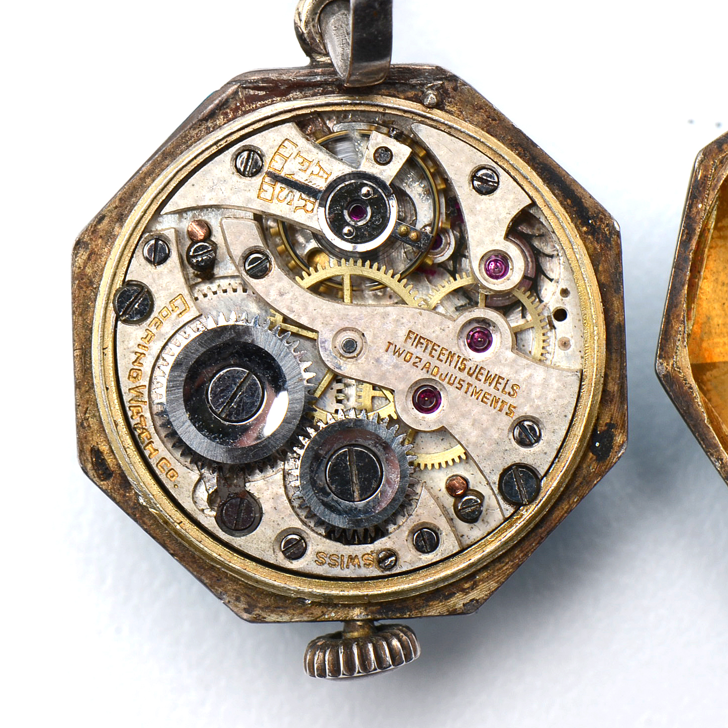 Early 20th Century Goering Swiss Sterling Silver Guilloche Enamel Pin Watch