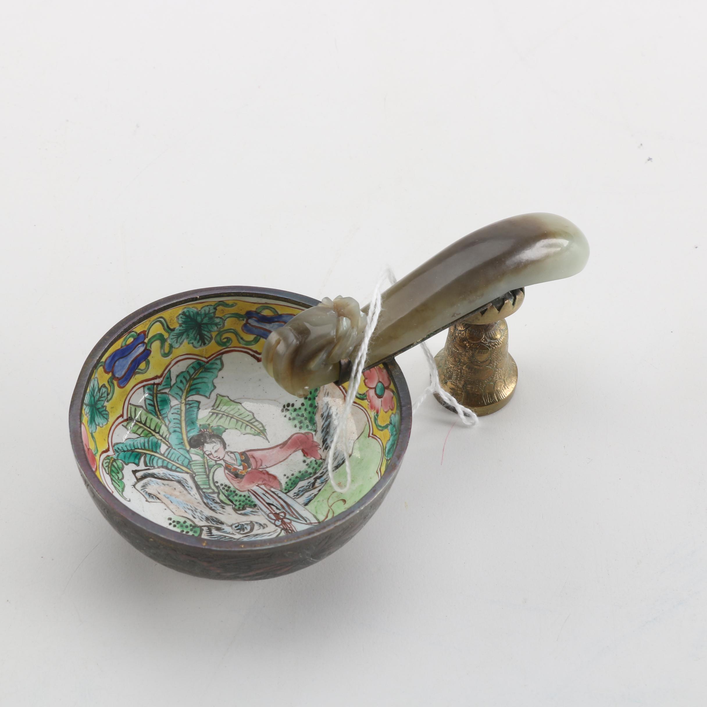 19th Century Chinese Enameled Wine Cup and Carved Bowenite Dragon Belt Hook