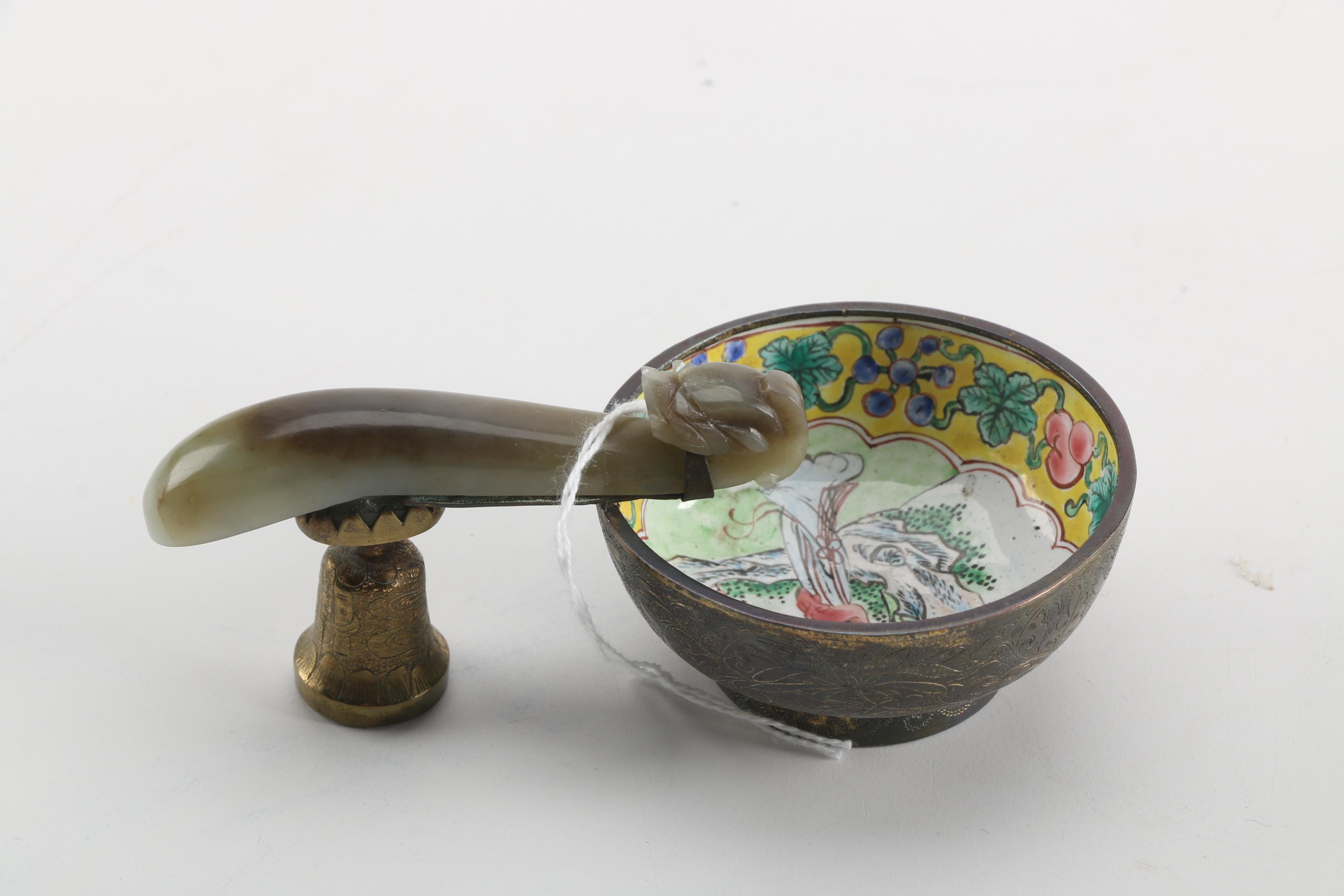 19th Century Chinese Enameled Wine Cup and Carved Bowenite Dragon Belt Hook