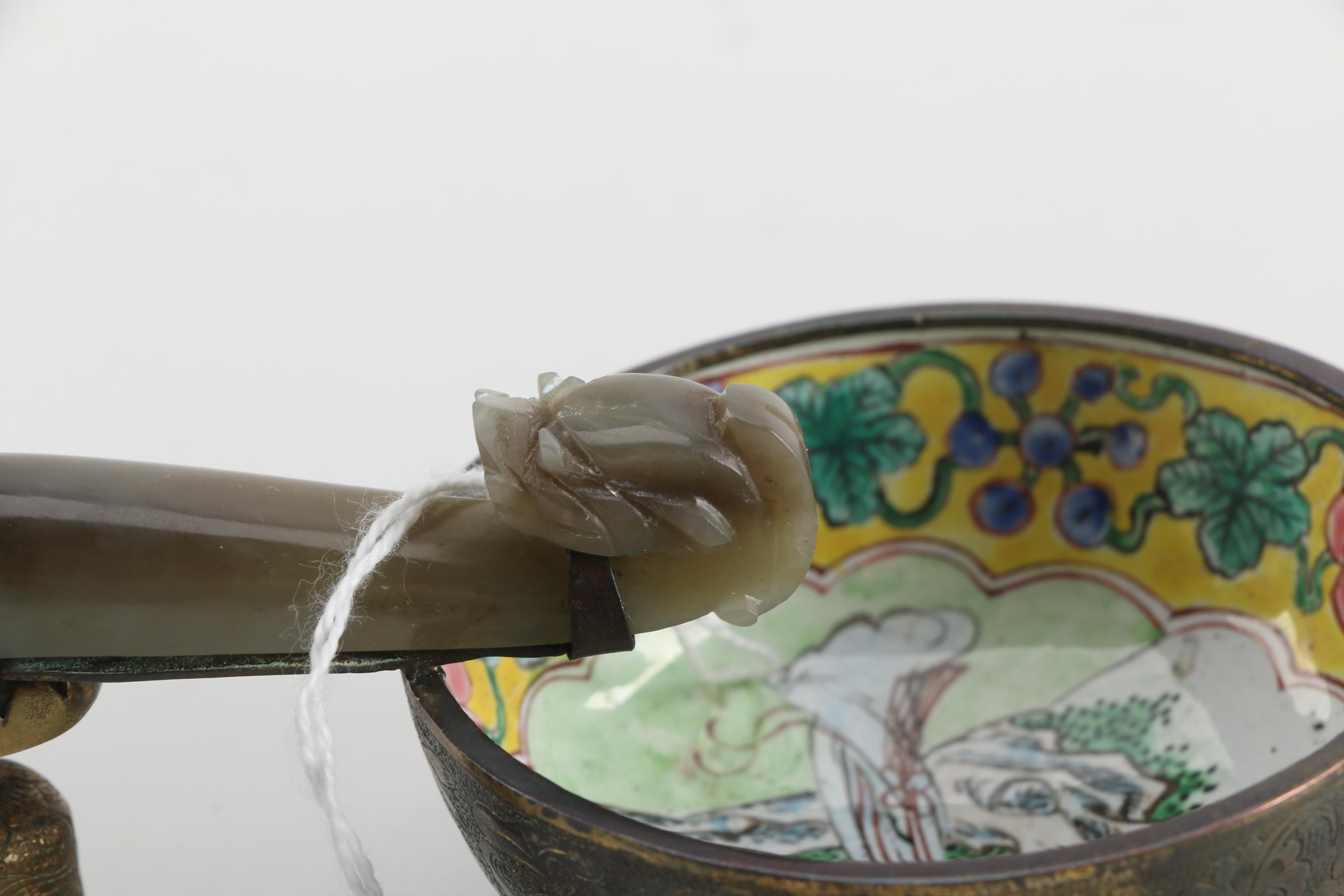 19th Century Chinese Enameled Wine Cup and Carved Bowenite Dragon Belt Hook