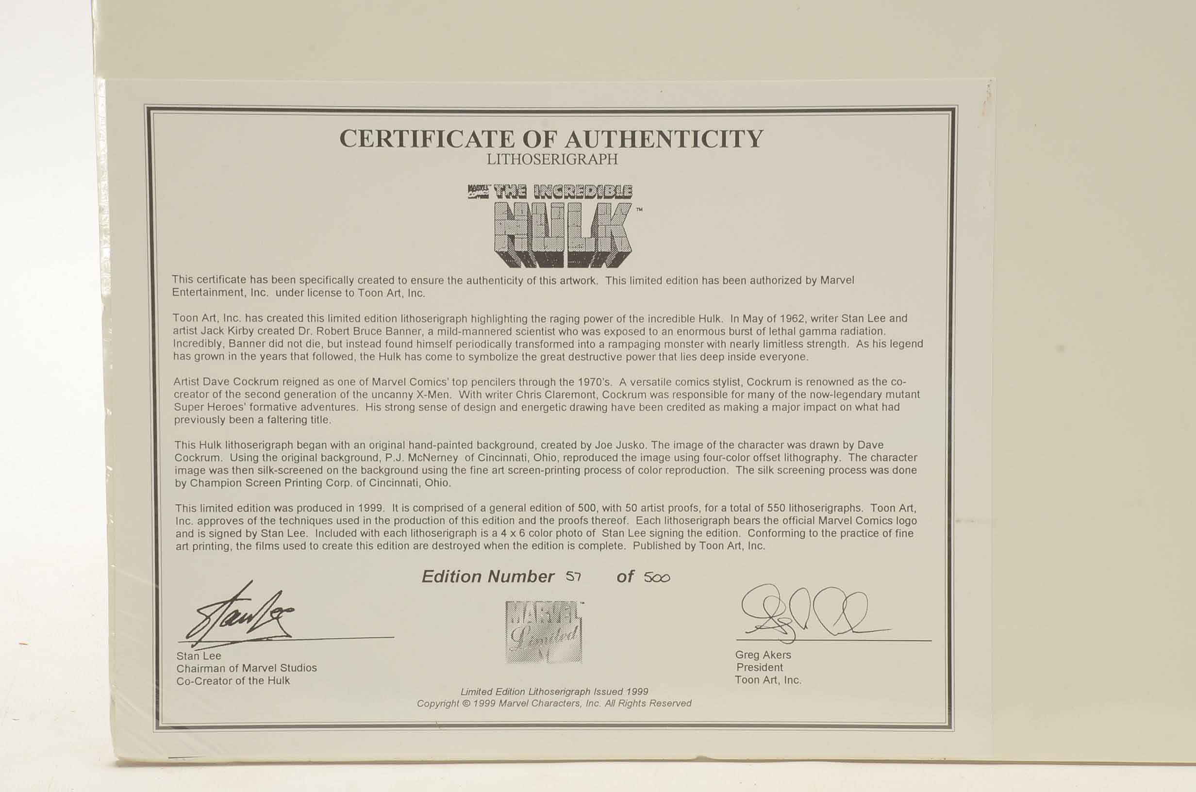 Stan Lee Signed Offsett Lithograph/Serigraph Print 'The Incredible Hulk'