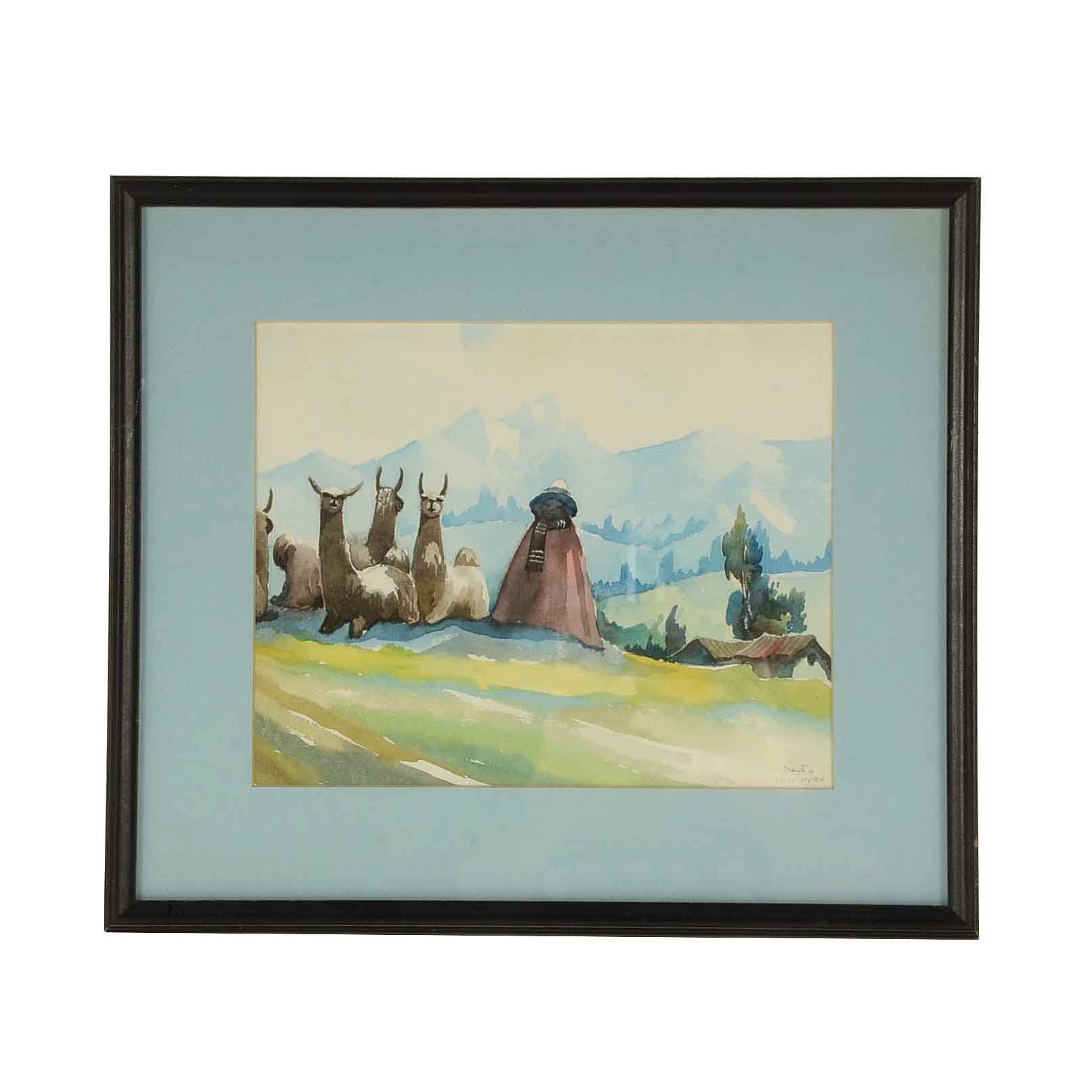 Santos Original Watercolor of a Peruvian Landscape