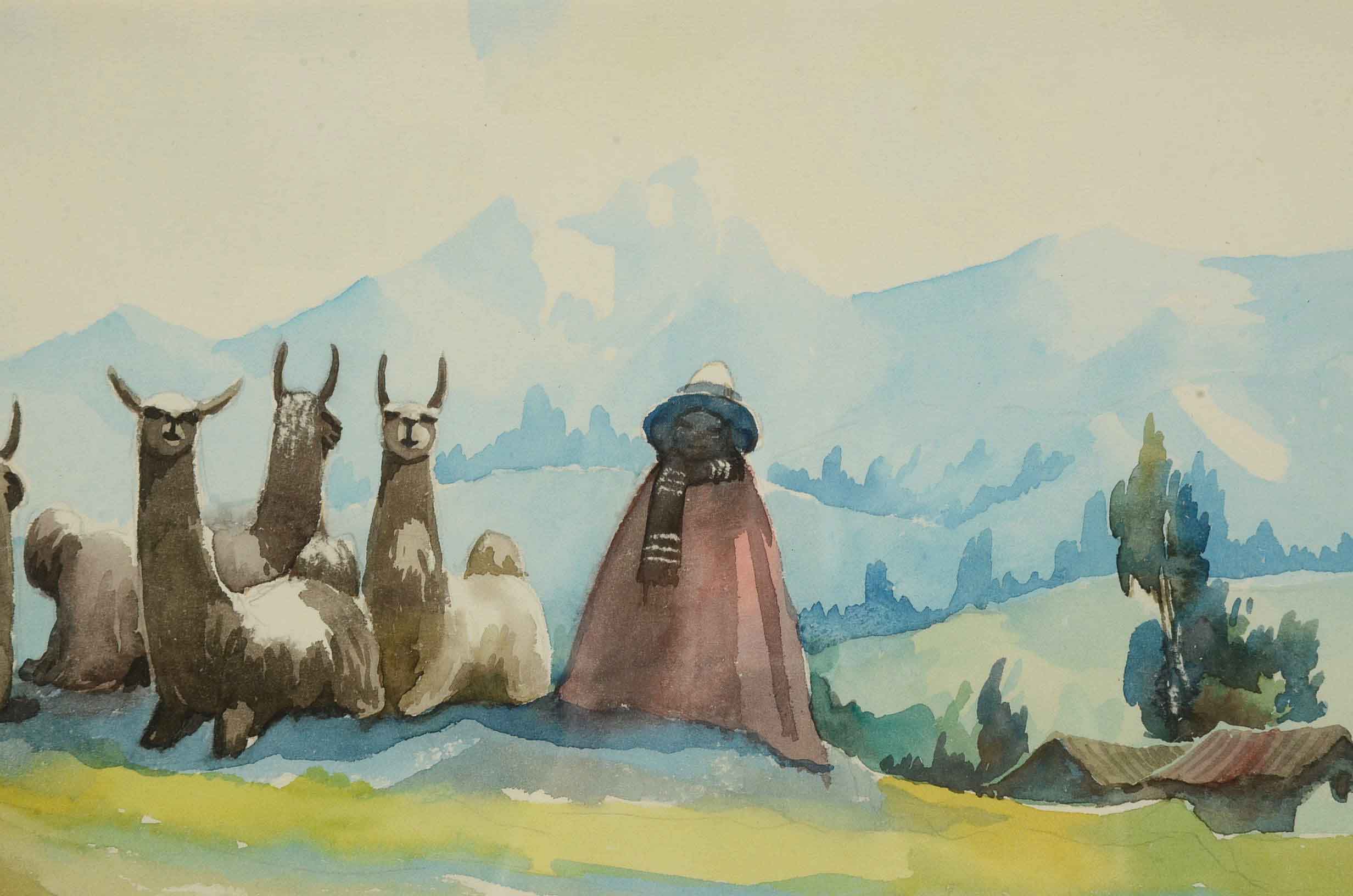Santos Original Watercolor of a Peruvian Landscape