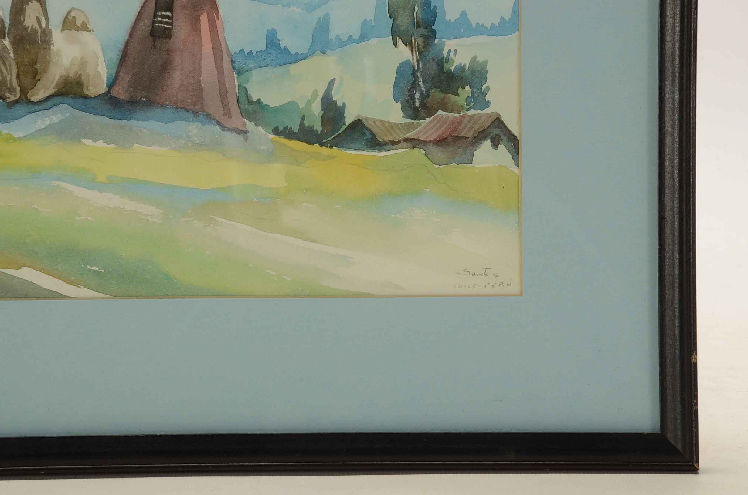 Santos Original Watercolor of a Peruvian Landscape