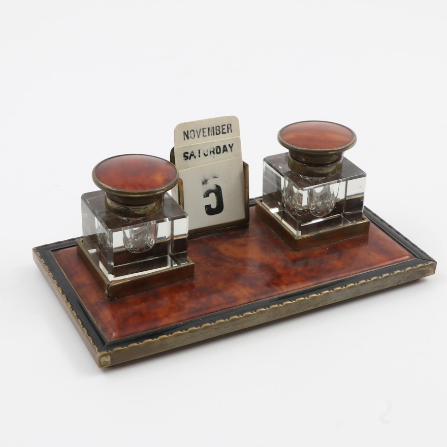 Vintage Faux Tortoise Inkwell with Calendar Tiles
