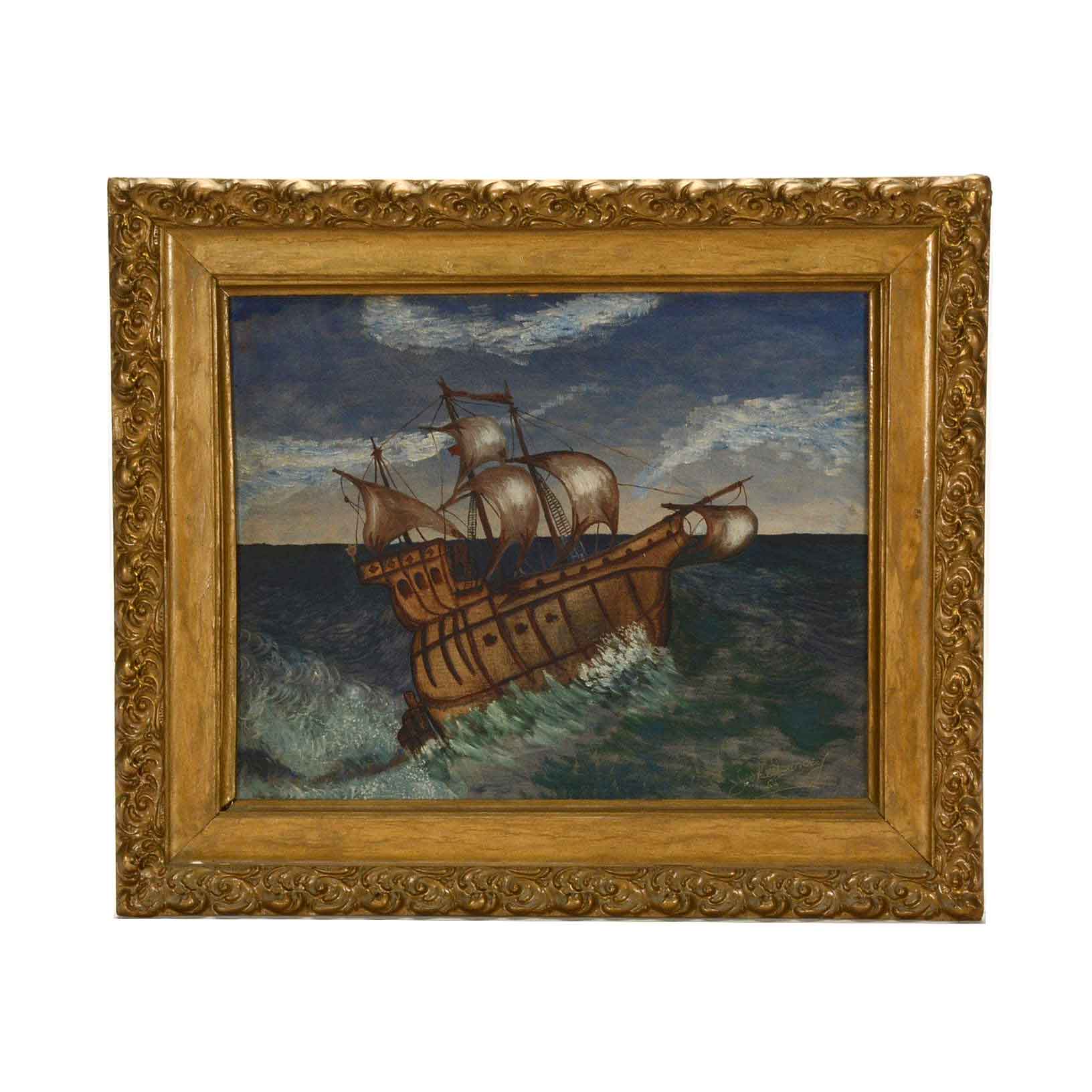 Vintage Signed Oil on Canvas Board Naive Painting of Ship