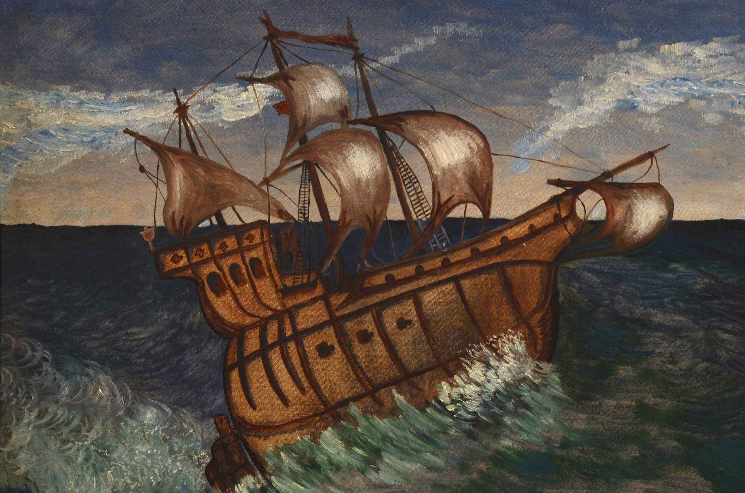 Vintage Signed Oil on Canvas Board Naive Painting of Ship