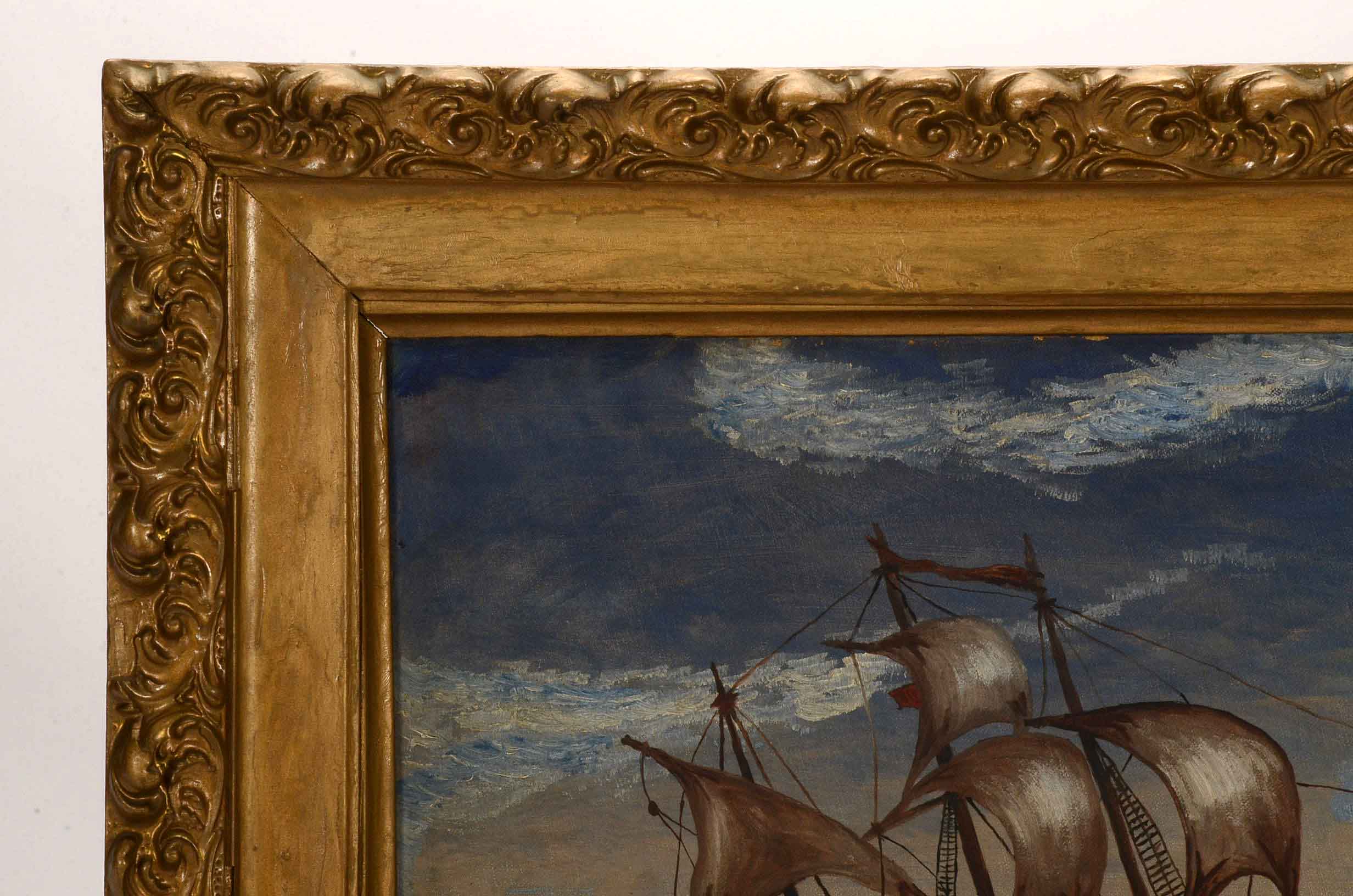 Vintage Signed Oil on Canvas Board Naive Painting of Ship