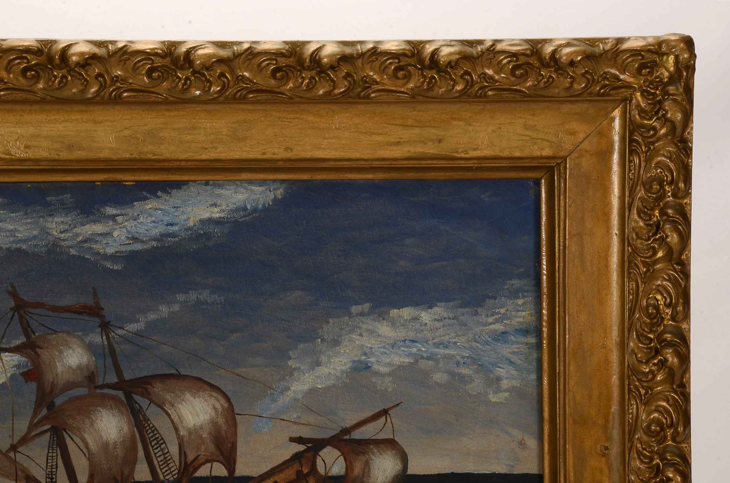 Vintage Signed Oil on Canvas Board Naive Painting of Ship