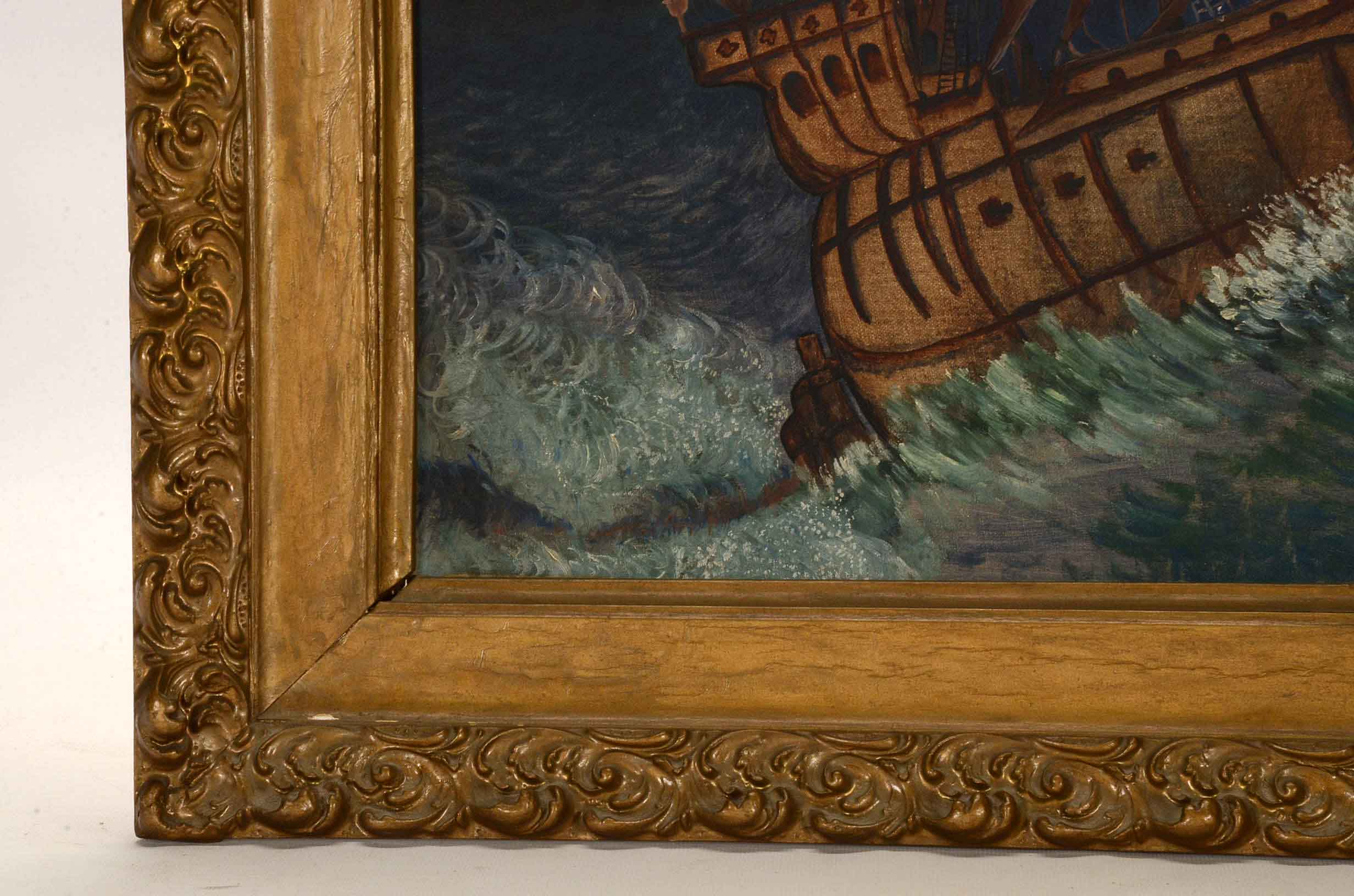 Vintage Signed Oil on Canvas Board Naive Painting of Ship