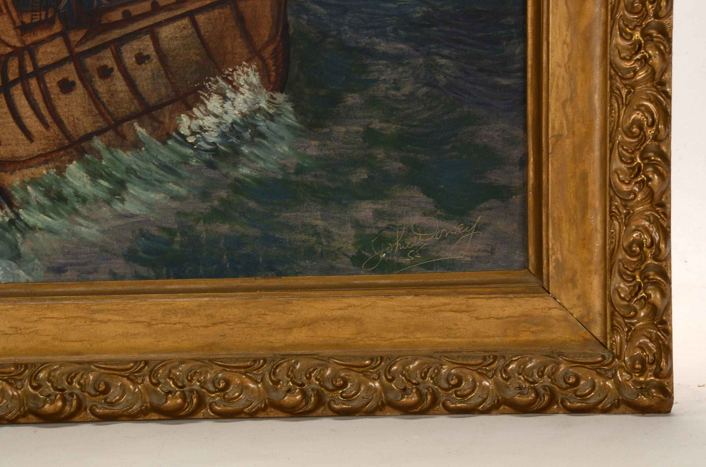 Vintage Signed Oil on Canvas Board Naive Painting of Ship