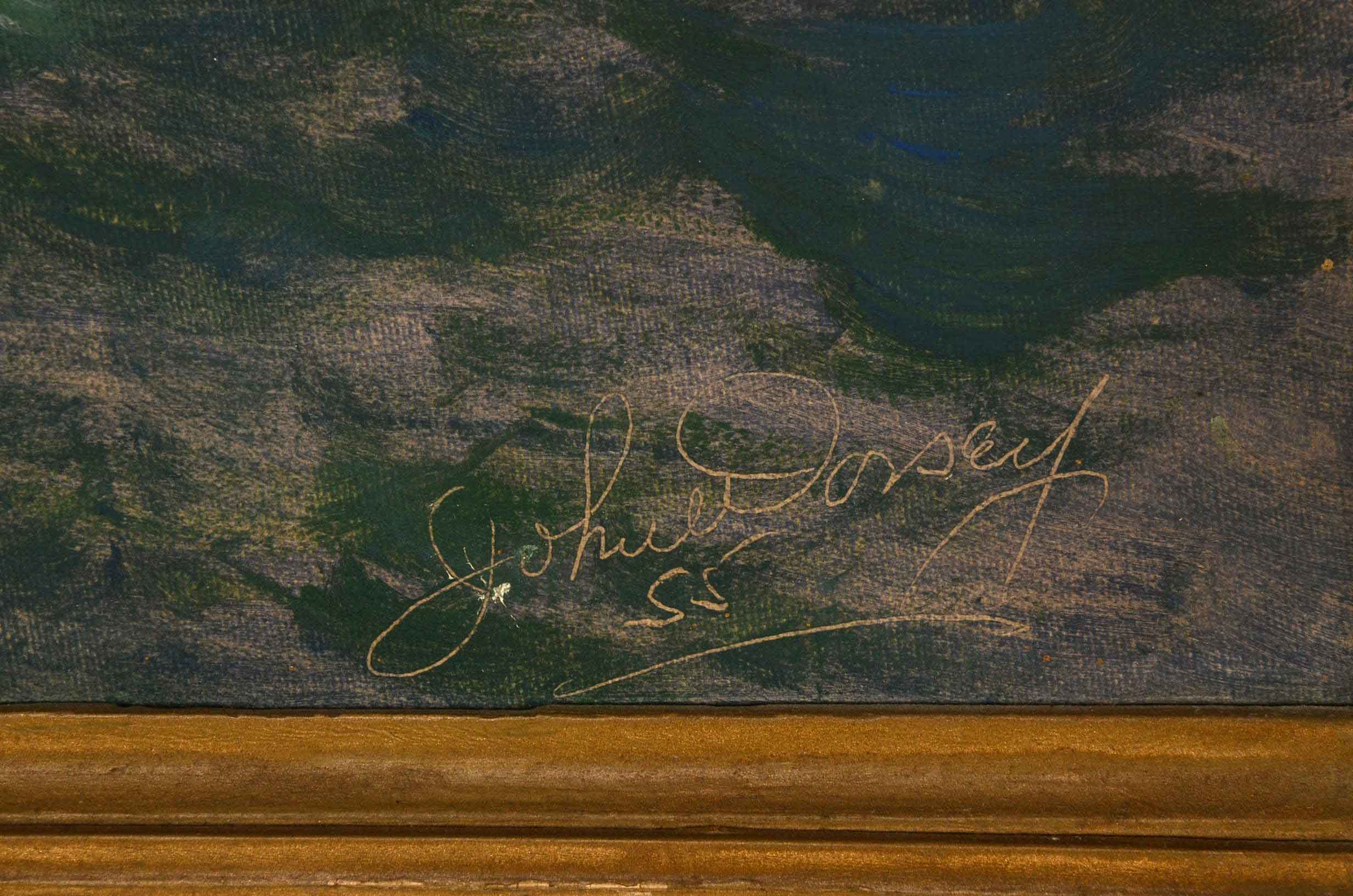 Vintage Signed Oil on Canvas Board Naive Painting of Ship