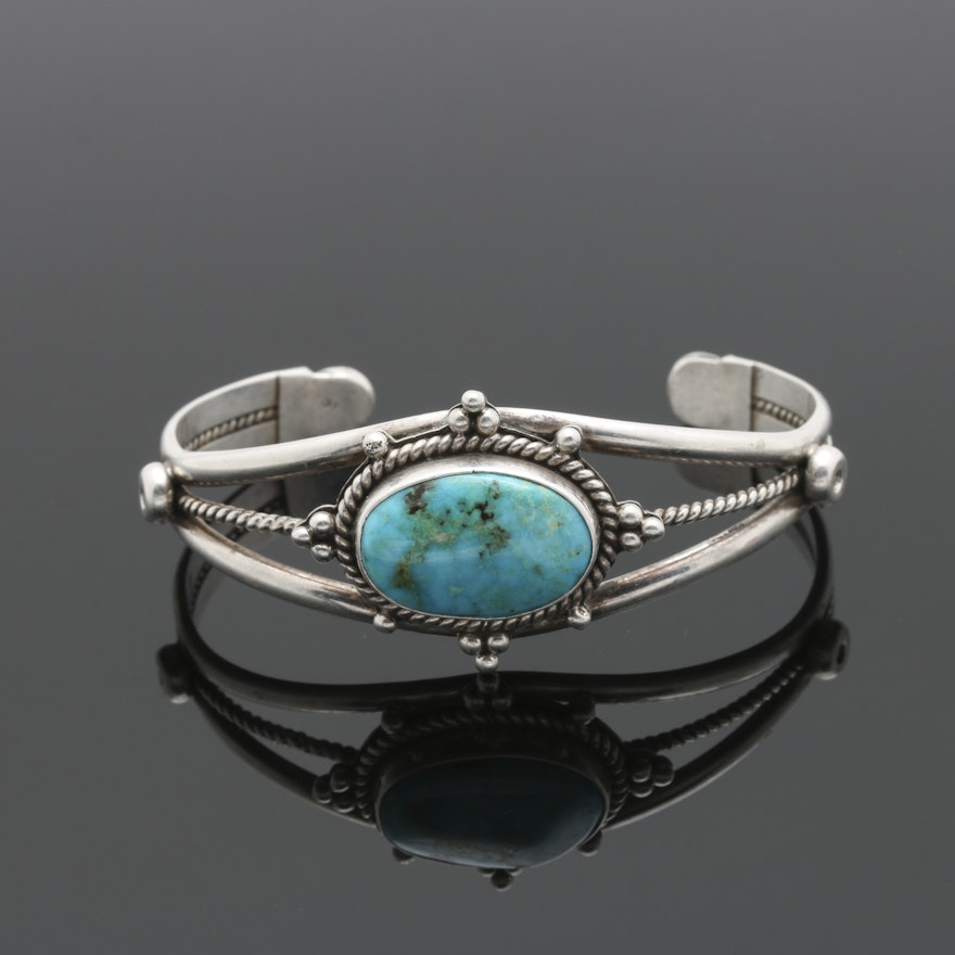 Henry Chackee Native American Sterling Silver Turquoise Cuff Bracelet