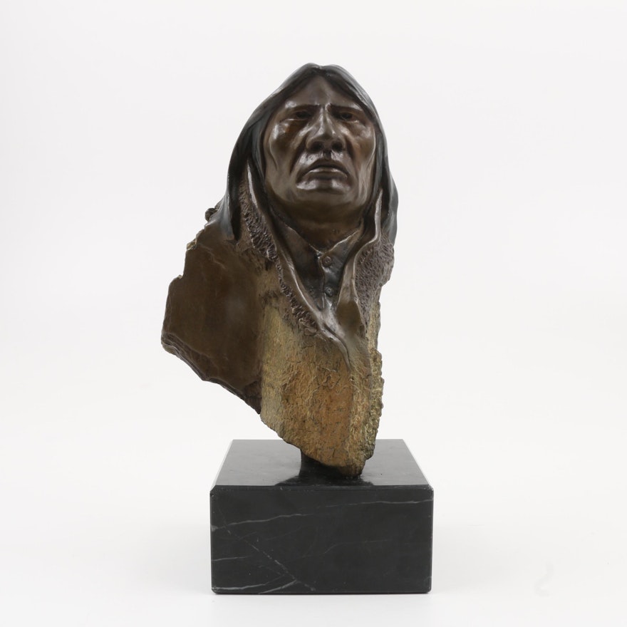 Limited Edition Native American Bronze Bust on Black Marble Base