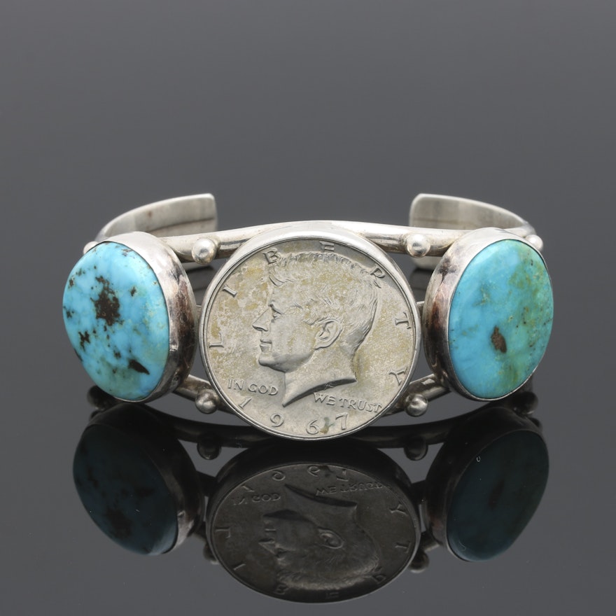 Sterling Silver Turquoise Half Dollar Cuff Bracelet