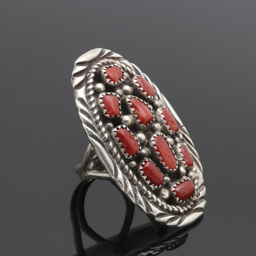 Southwest Style Sterling Silver Coral Ring