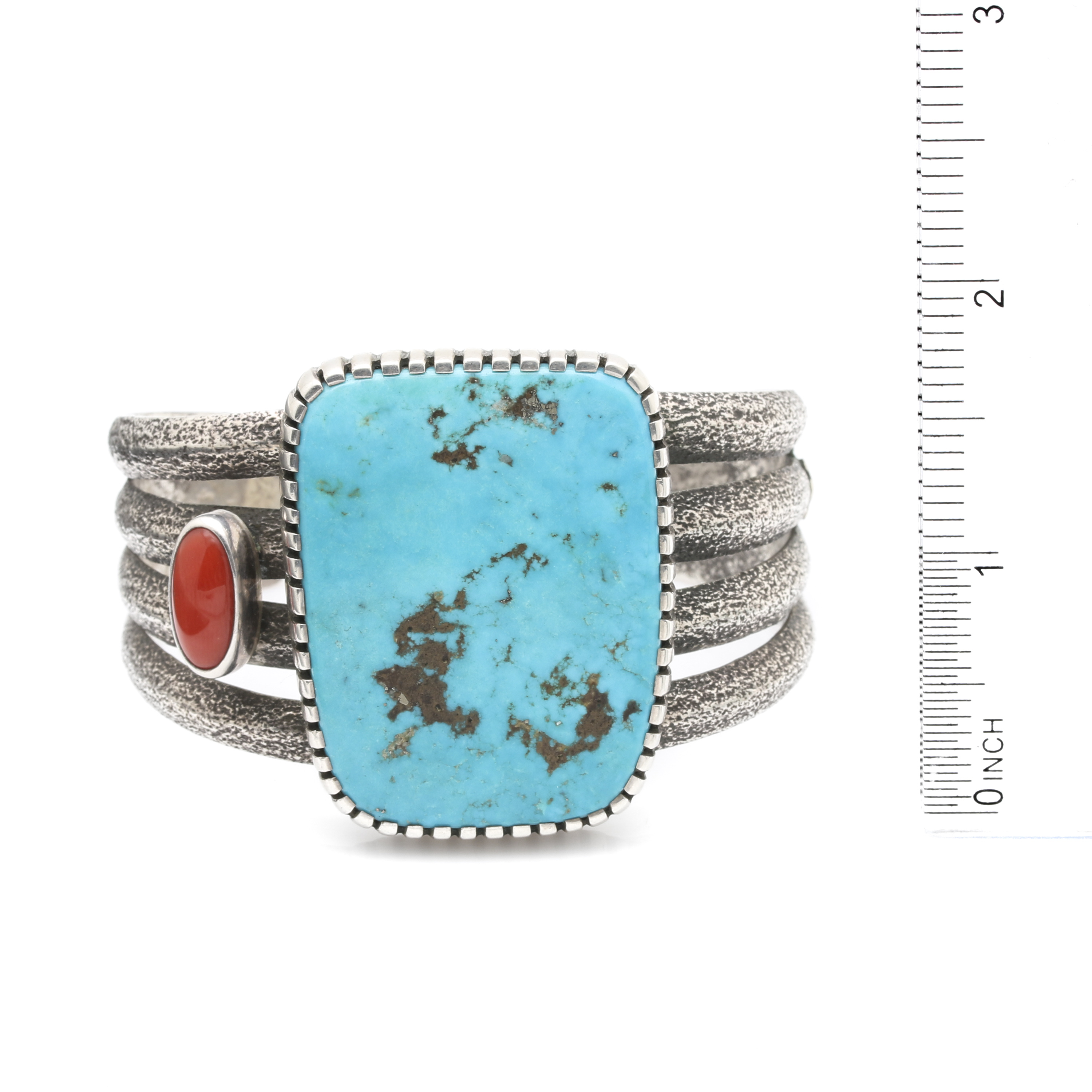 Robert Sorrell Navajo Diné Sterling Silver Turquoise and Coral Tufa Cast Cuff