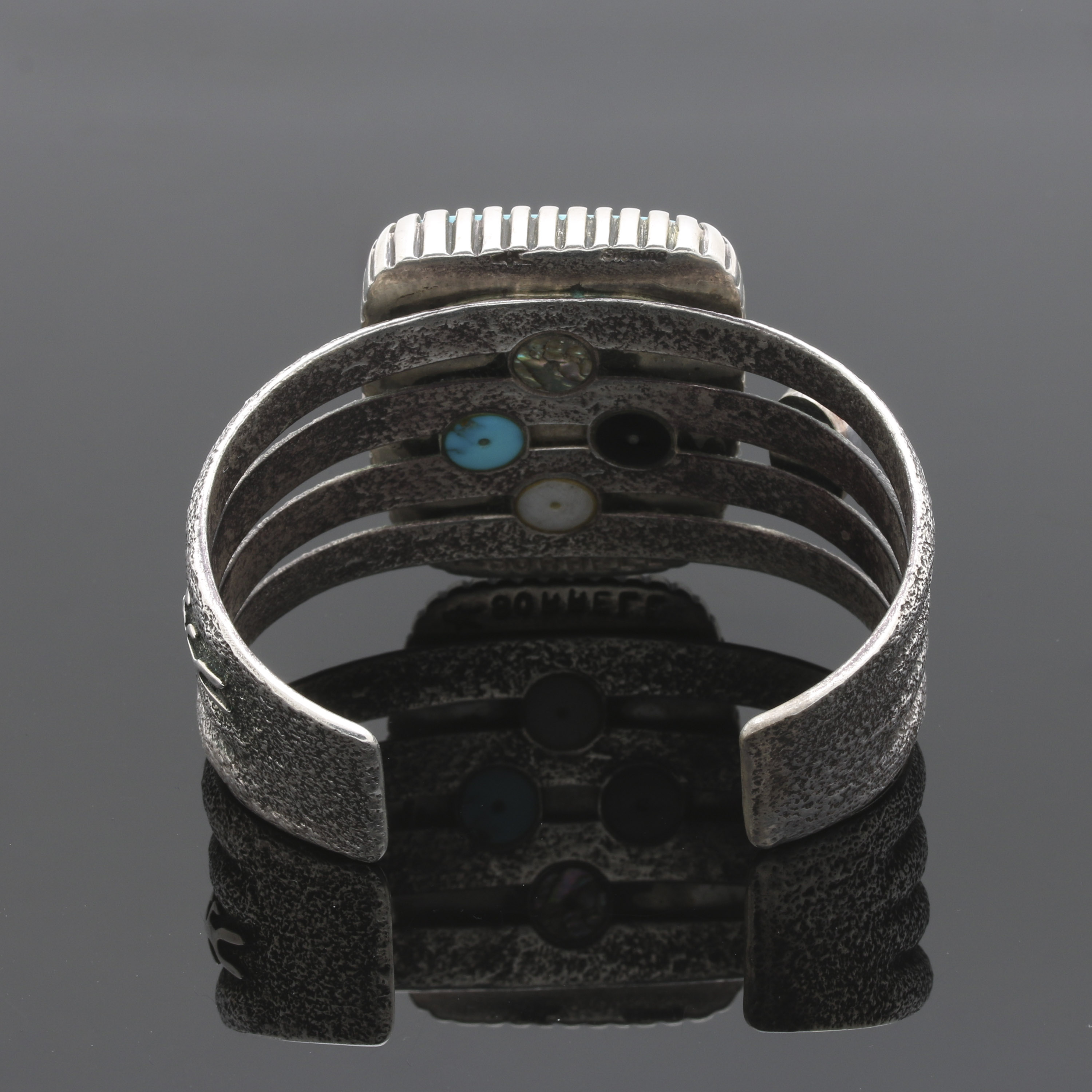 Robert Sorrell Navajo Diné Sterling Silver Turquoise and Coral Tufa Cast Cuff