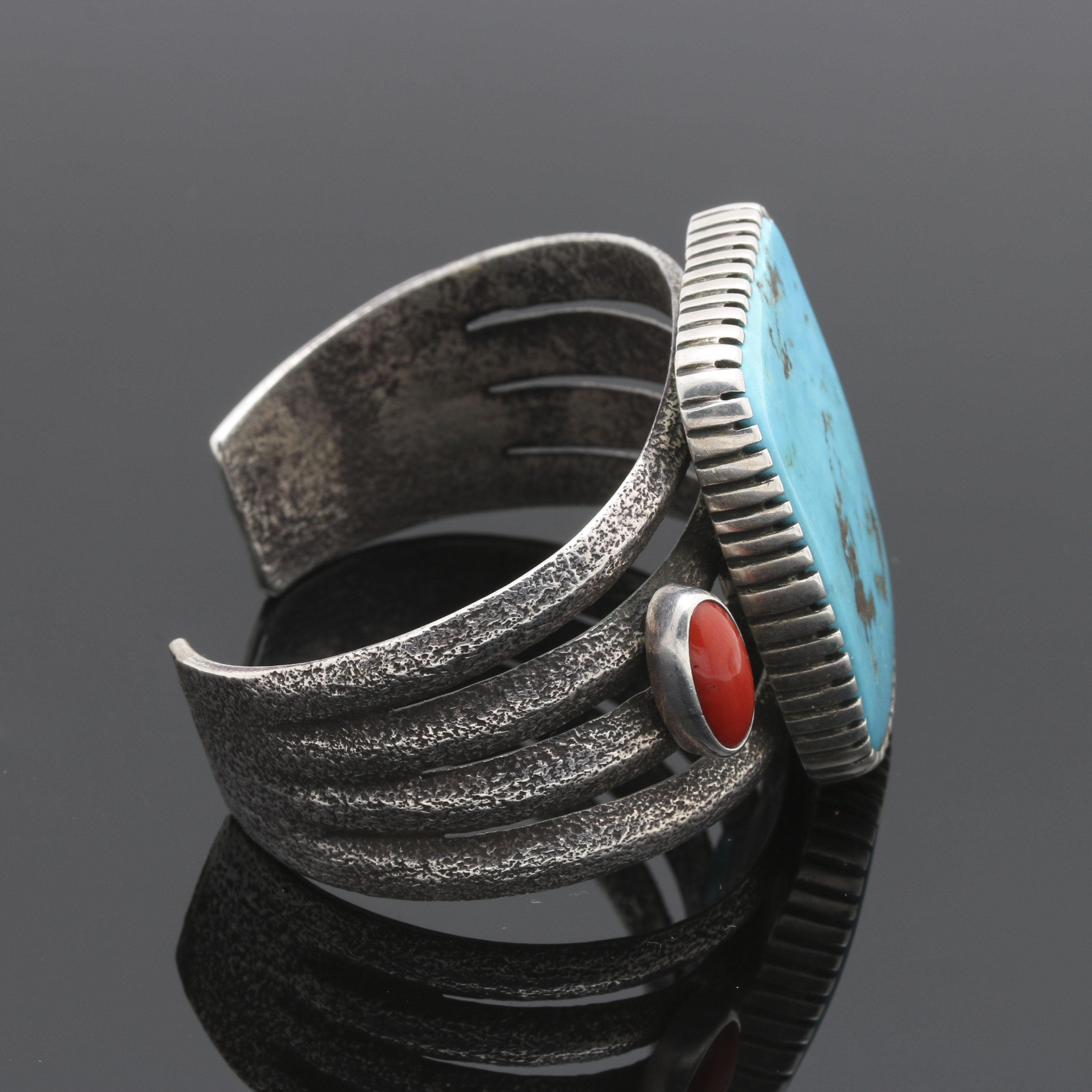 Robert Sorrell Navajo Diné Sterling Silver Turquoise and Coral Tufa Cast Cuff