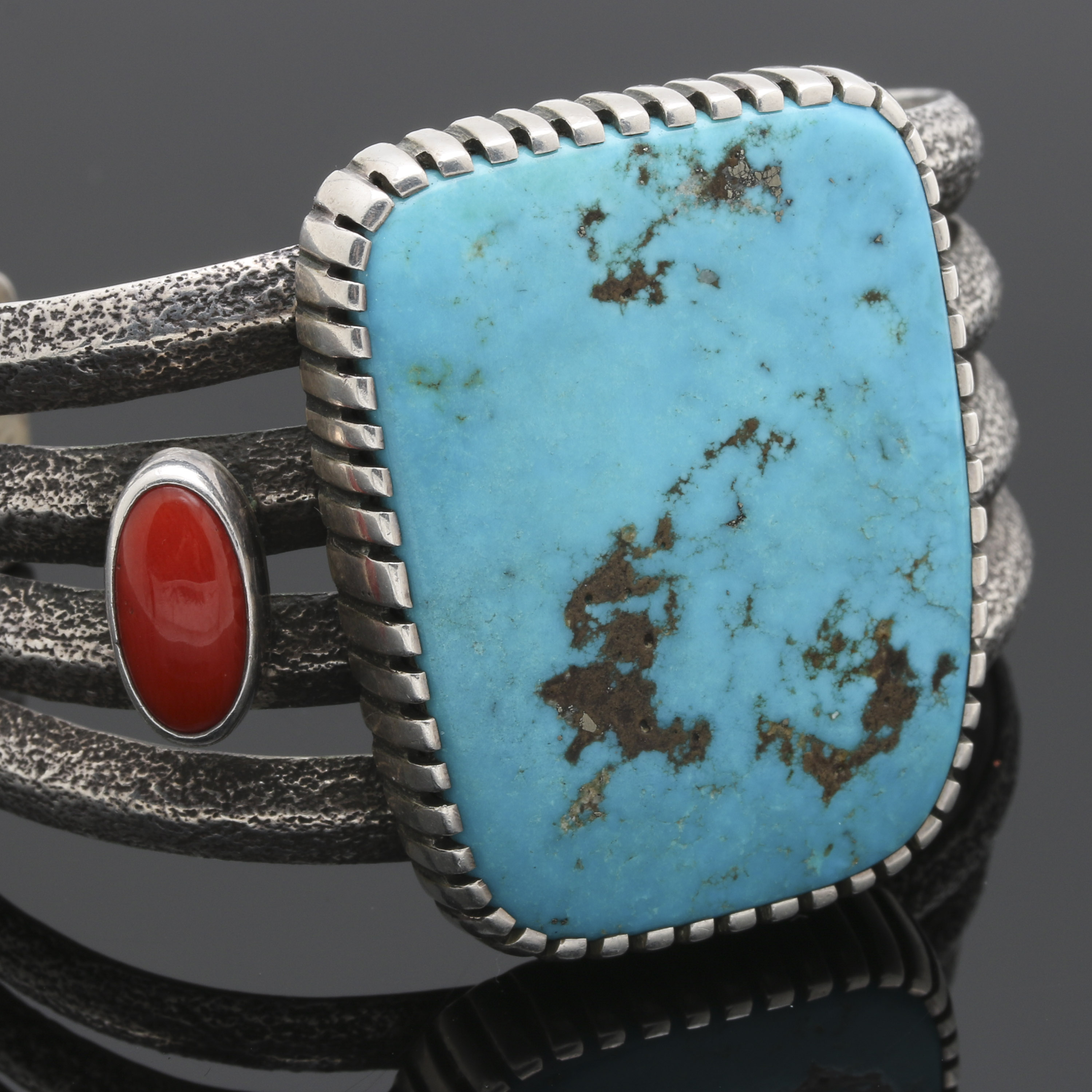 Robert Sorrell Navajo Diné Sterling Silver Turquoise and Coral Tufa Cast Cuff