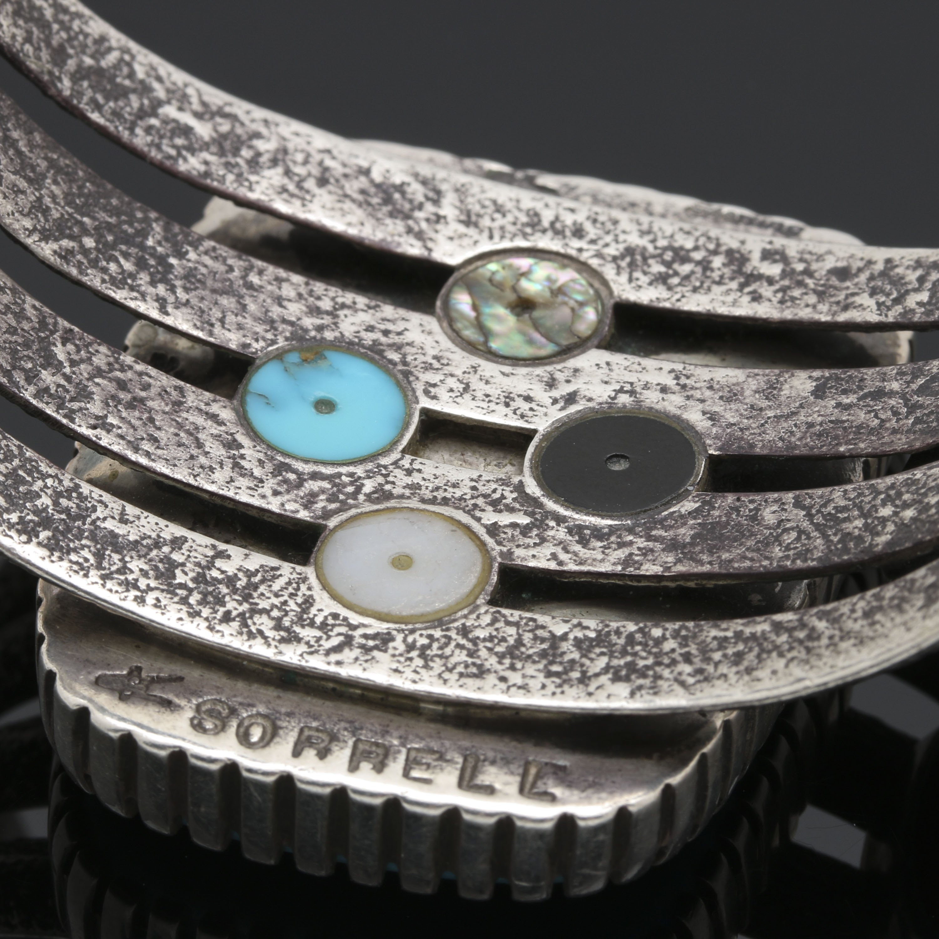 Robert Sorrell Navajo Diné Sterling Silver Turquoise and Coral Tufa Cast Cuff