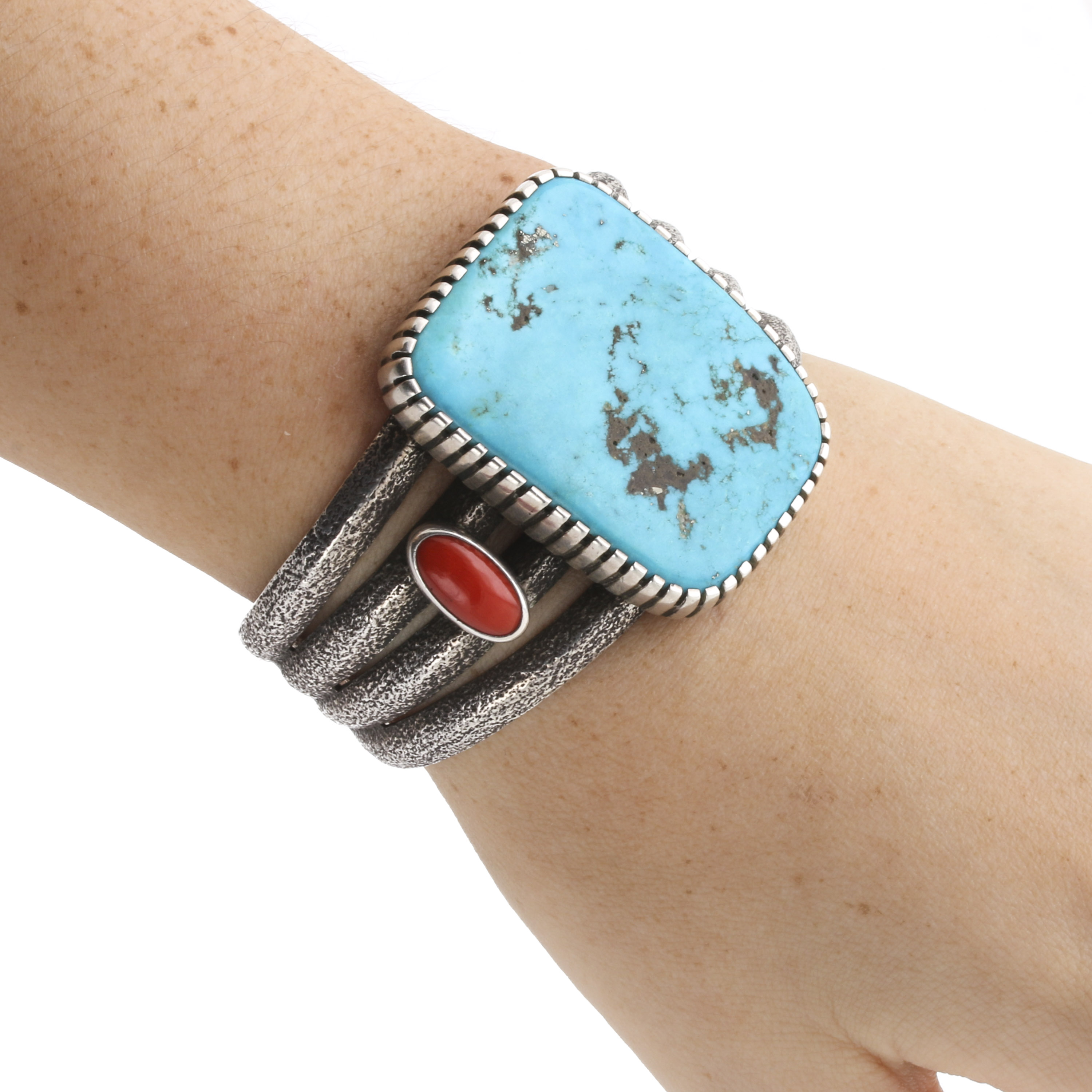 Robert Sorrell Navajo Diné Sterling Silver Turquoise and Coral Tufa Cast Cuff