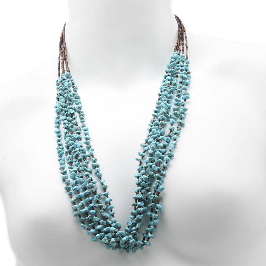Southwest Style Sterling Silver Turquoise and Heishi Shell Strand Necklace