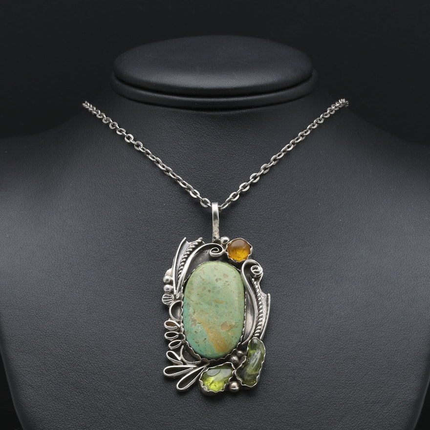 Sterling Silver Turquoise, Amber, and Peridot Pendant Necklace