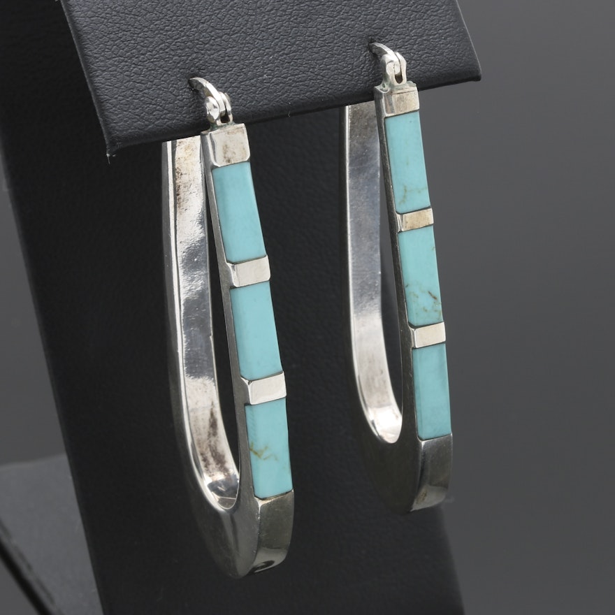 Sterling Silver Turquoise Elongated Hoop Earrings
