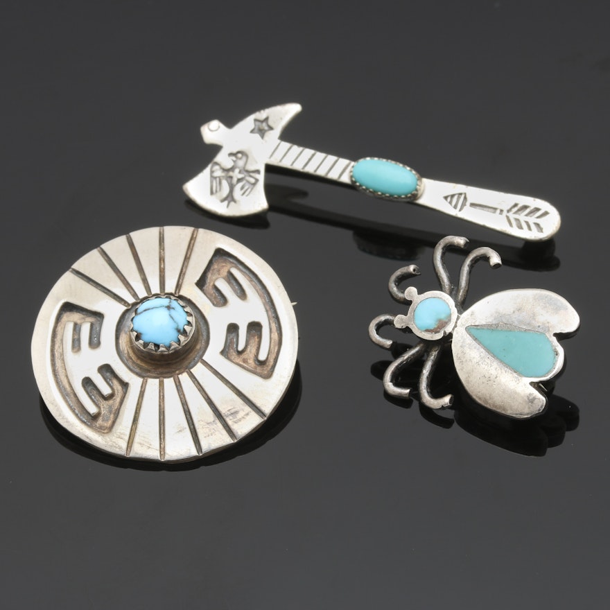 Native American Sterling Silver Turquoise Brooches