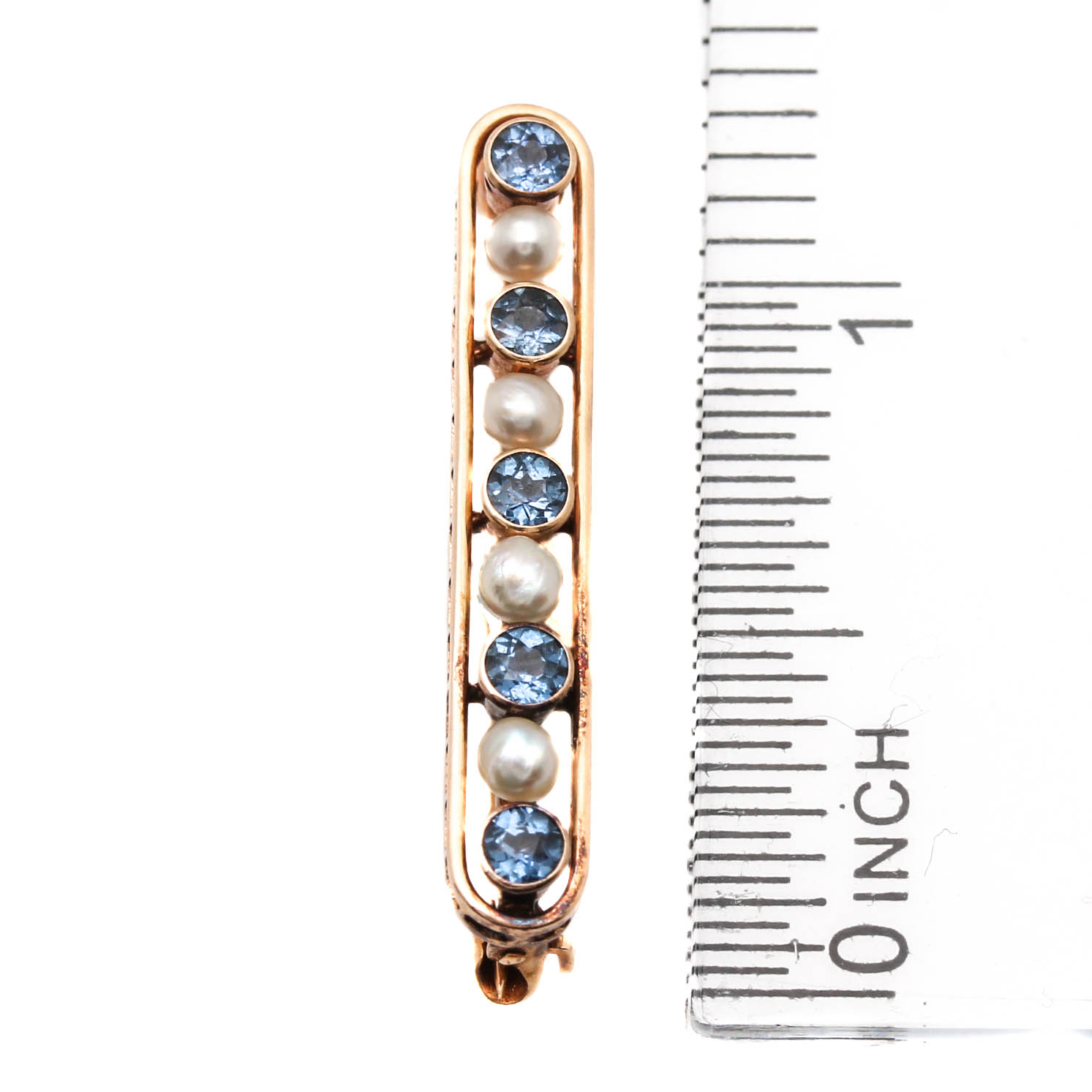 Vintage 14K Yellow Gold Sapphire and Seed Pearl Bar Brooch