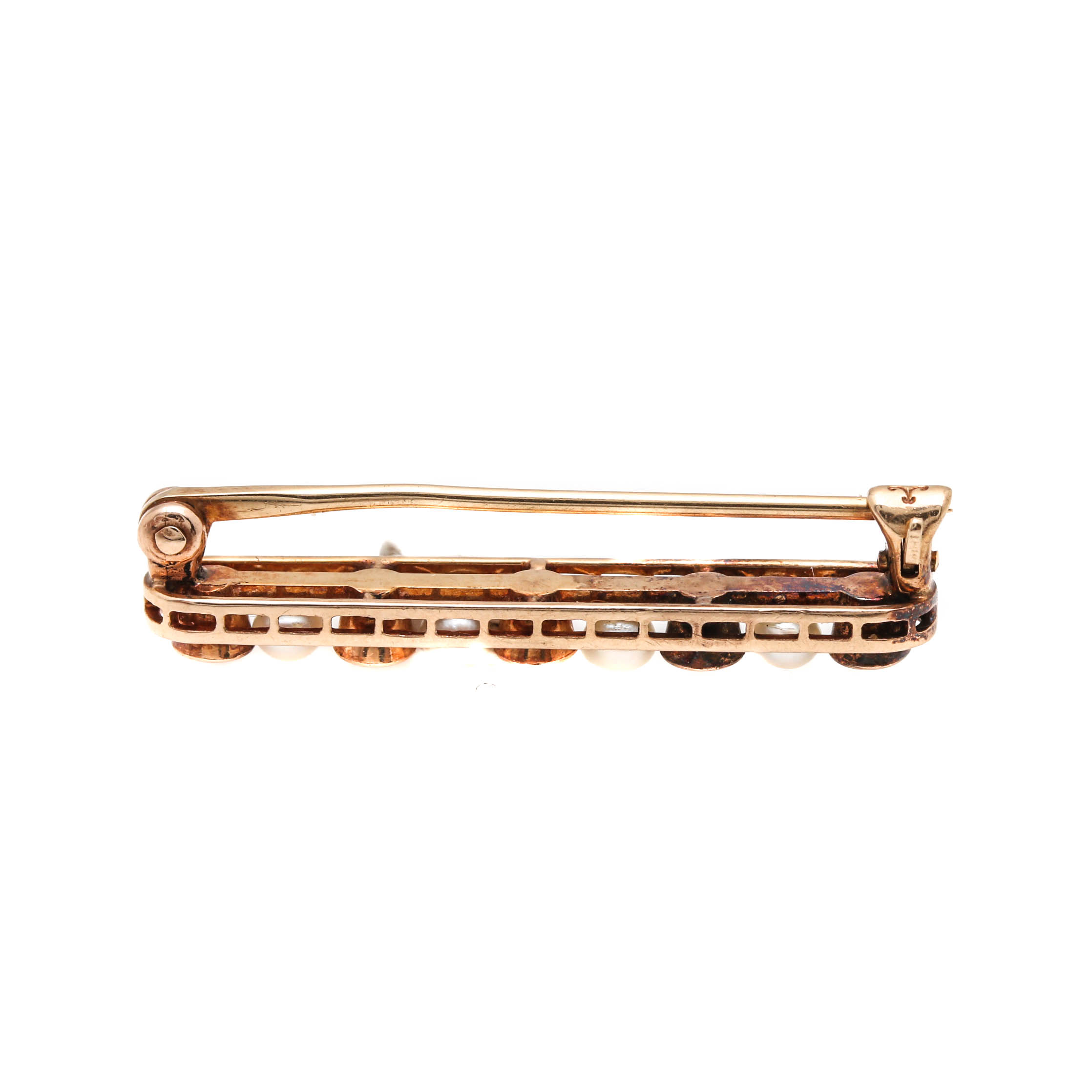 Vintage 14K Yellow Gold Sapphire and Seed Pearl Bar Brooch
