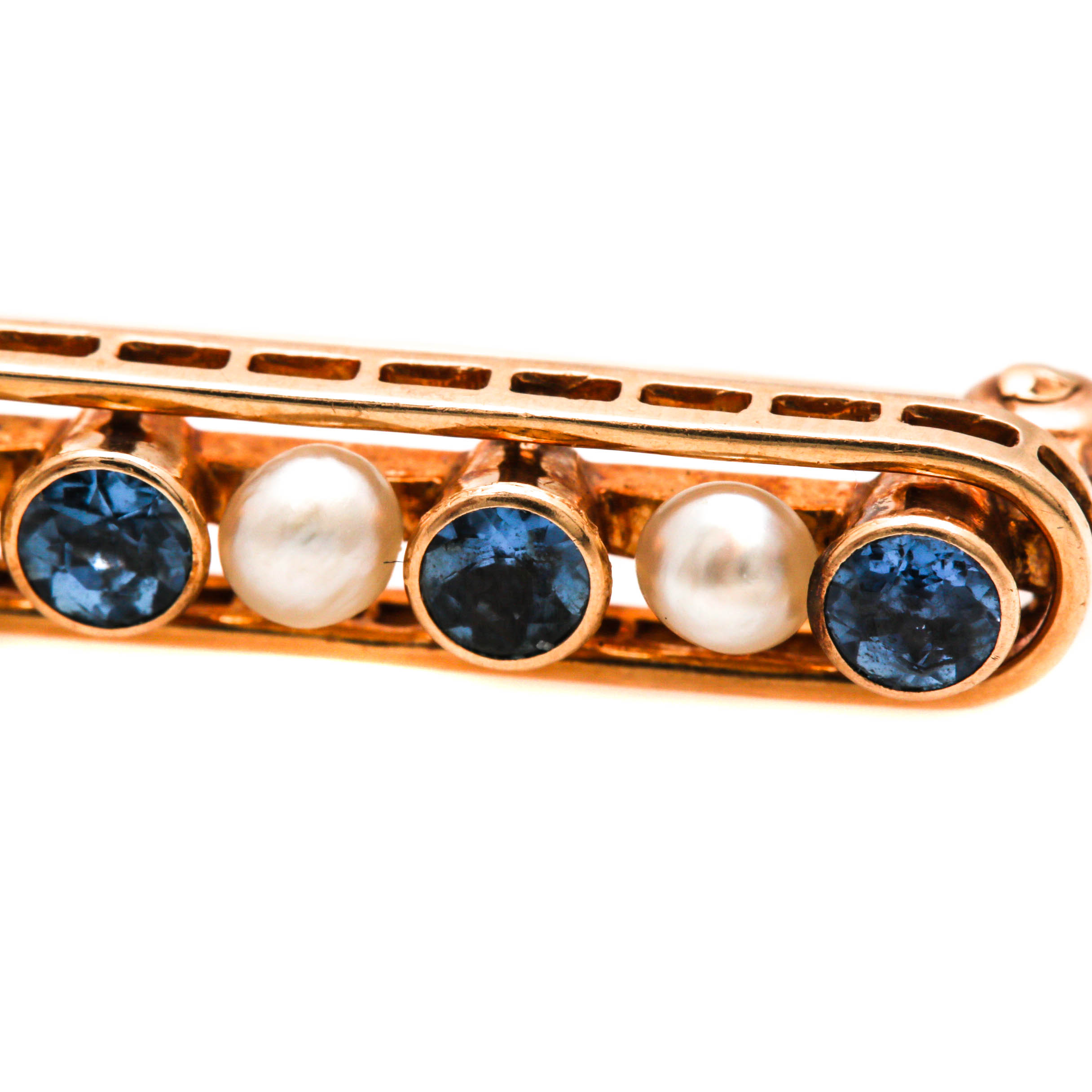 Vintage 14K Yellow Gold Sapphire and Seed Pearl Bar Brooch