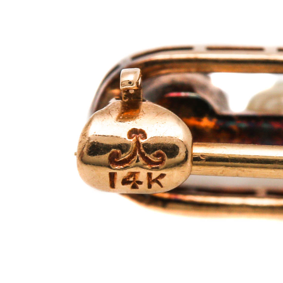 Vintage 14K Yellow Gold Sapphire and Seed Pearl Bar Brooch