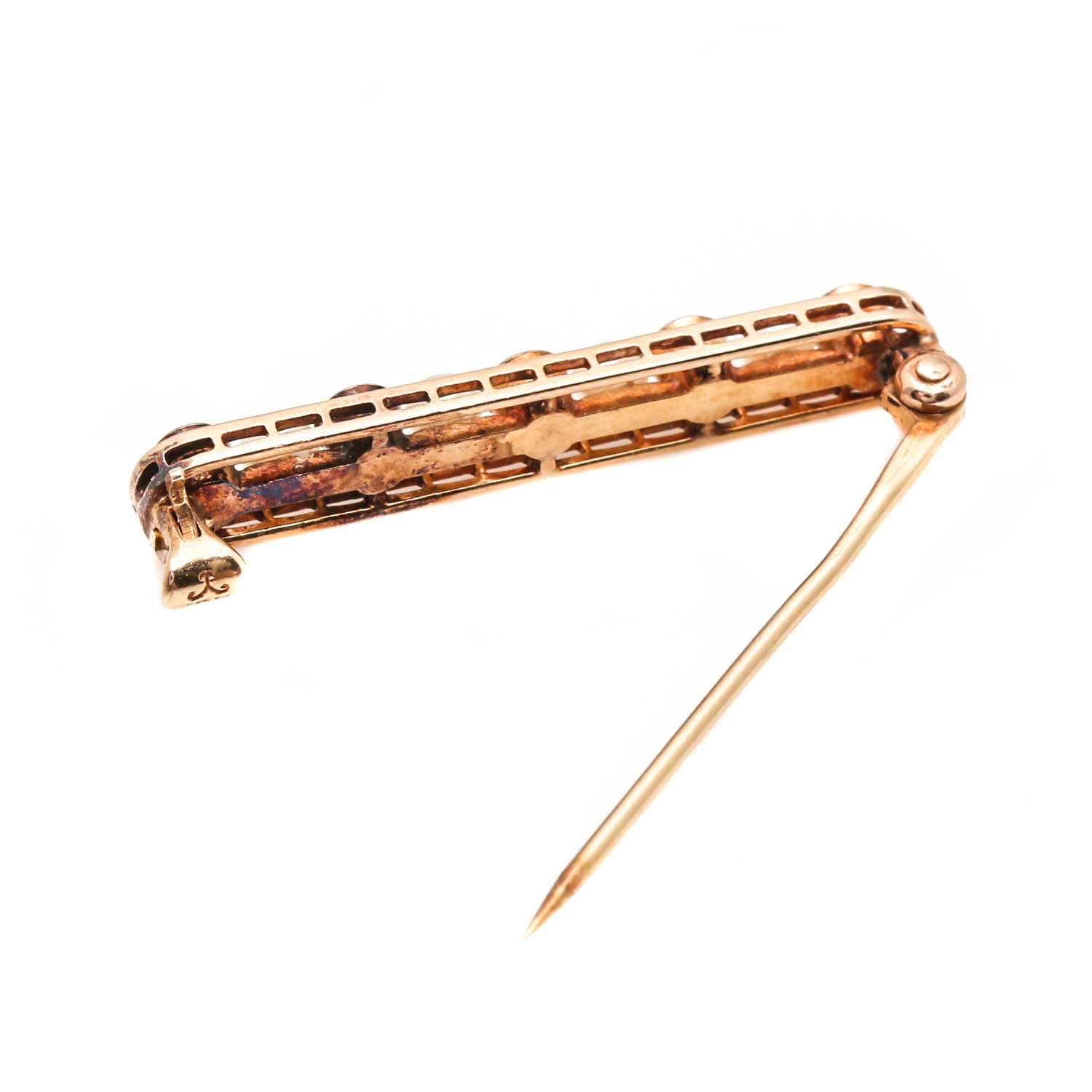 Vintage 14K Yellow Gold Sapphire and Seed Pearl Bar Brooch