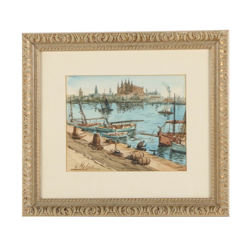 Guillermo Molina Watercolor on Paper of a Harbor